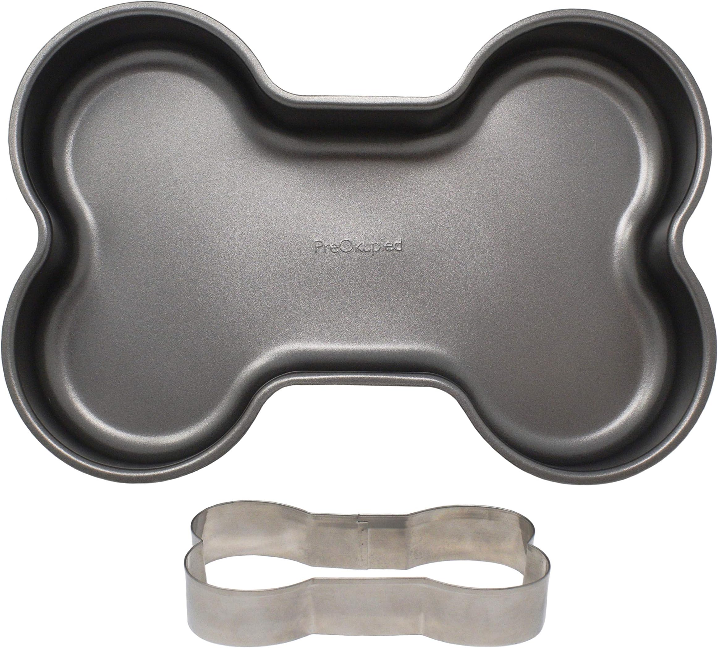 PreOkupied Dog Bone Cake Pan, Including Dog Bone Cookie Cutter, Dark Grey Carbon Steel, 30.5 x 21.6 x 5.1 cm