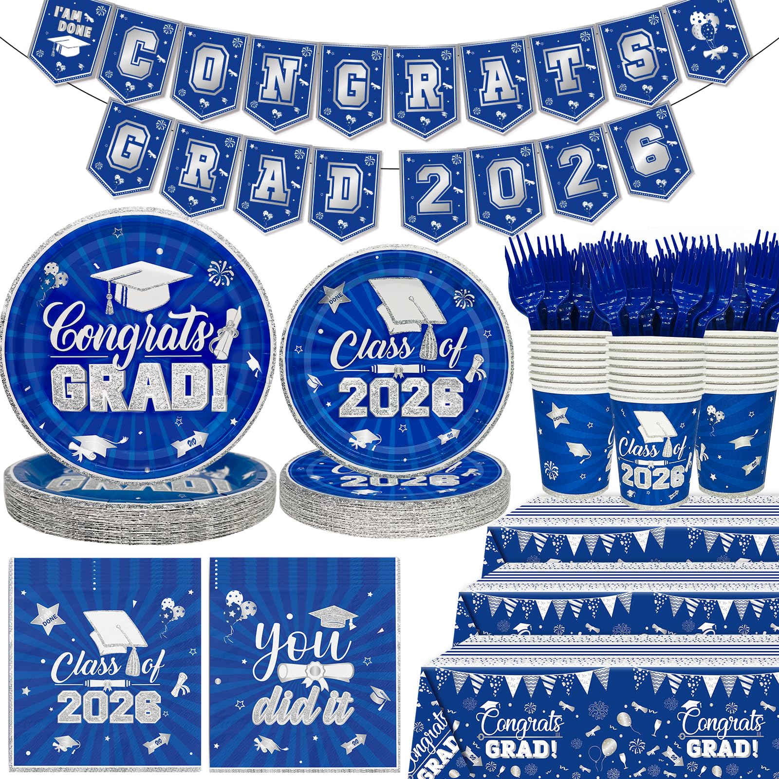 122Pcs Blue 2026 Graduation Decorations Graduation Plates and Napkins 2026 Red White and Blue Congrats Party Supplies 2026 Grade Party Decorations