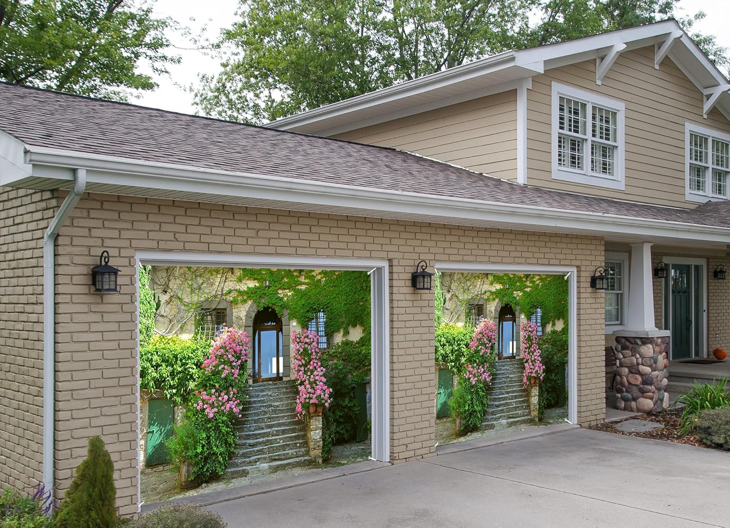 7x8ft Italian Street Garage Door Decor Stone Houses Beautiful Green Vines Pink Flowers Natural Landscape Garage Door Background Spring Kids Adult Party Decor Banner