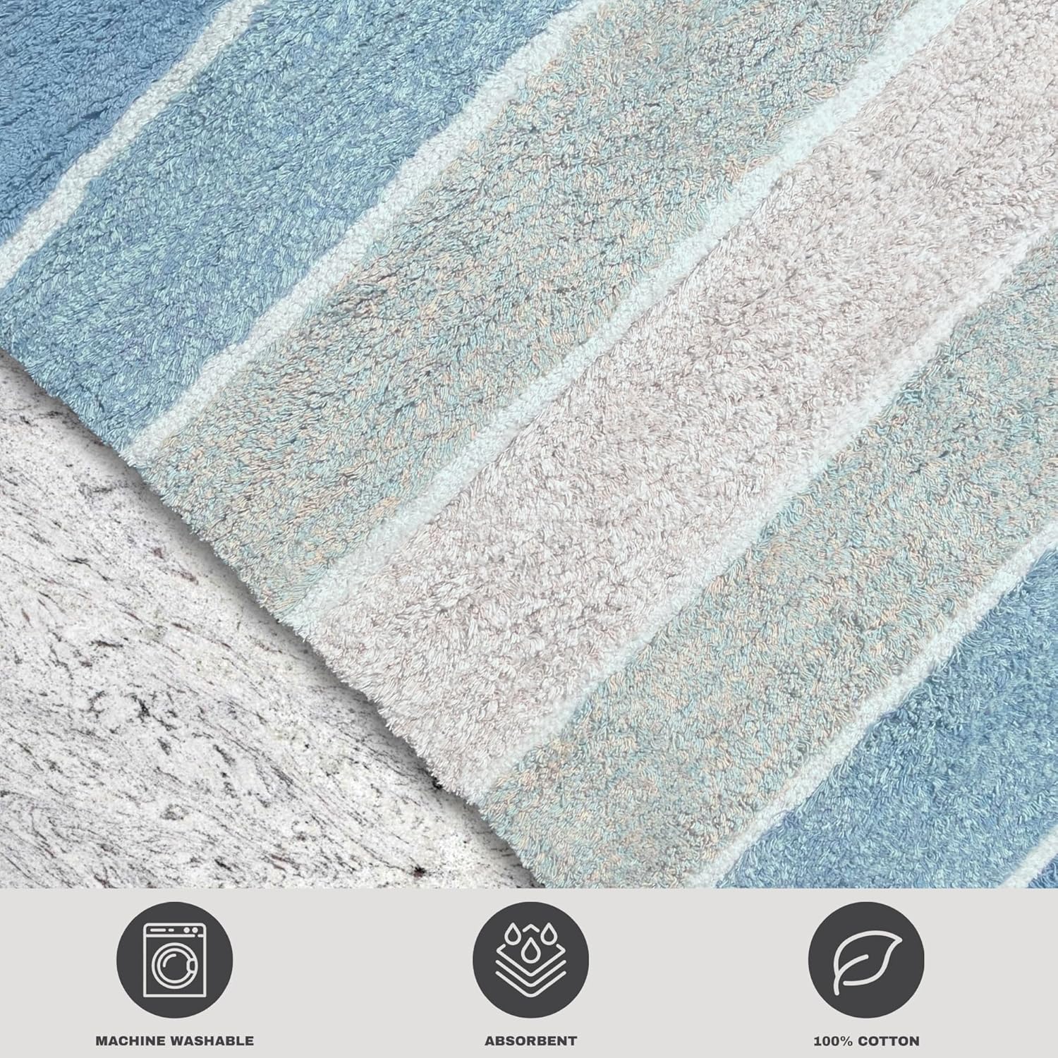 Chardin home Cordural Stripe Bath Mat, 24 x 40 Inches | Non Slip Bathroom Rug, Machine Washable, Plush, Highly Absorbent | Ombre Blues & White