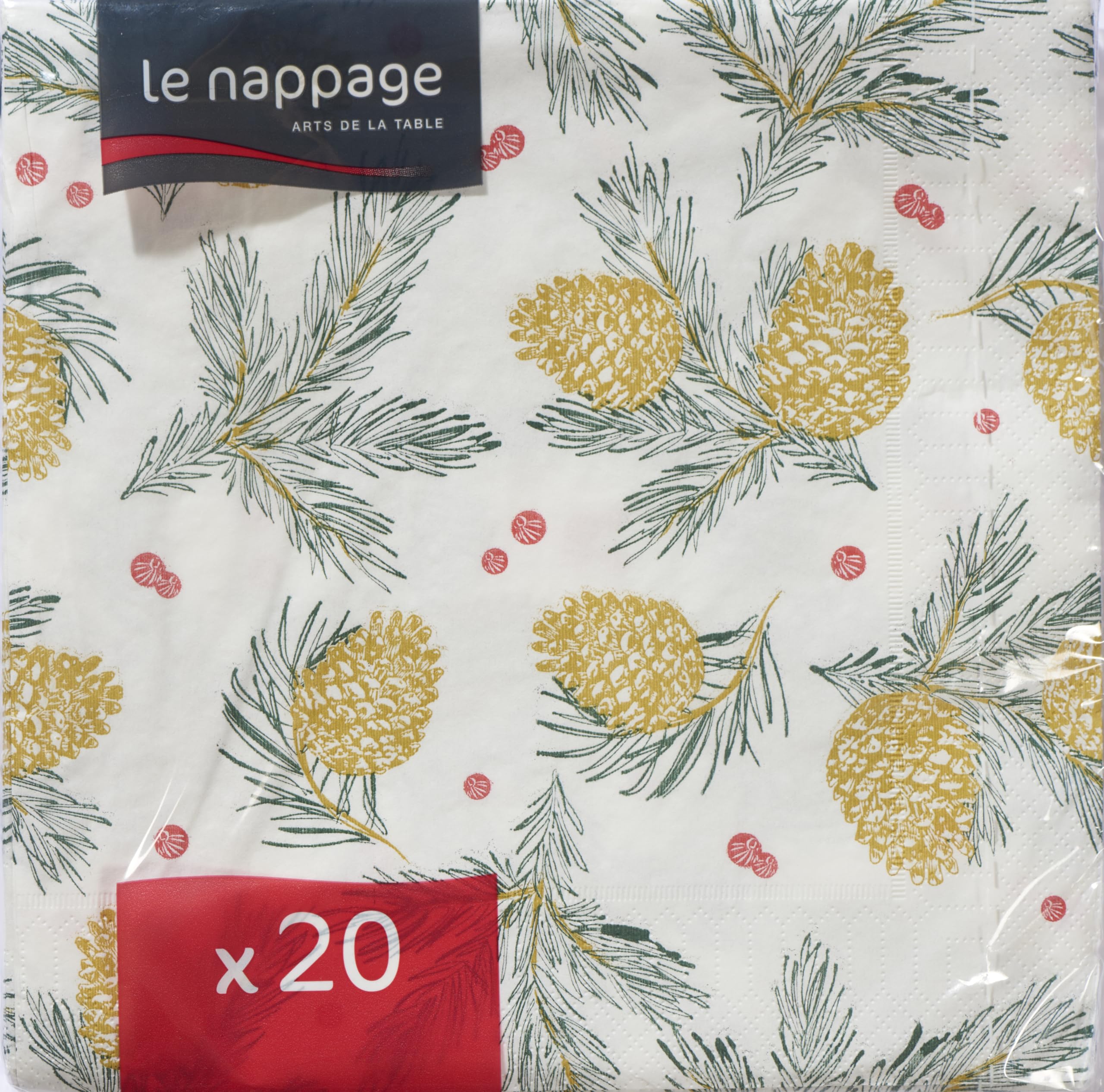 20 Serviettes Papier Motif Pomme Pin 40x40 Cm - 3 Plis, Qualité Ouate, Pour Noël Et Fêtes