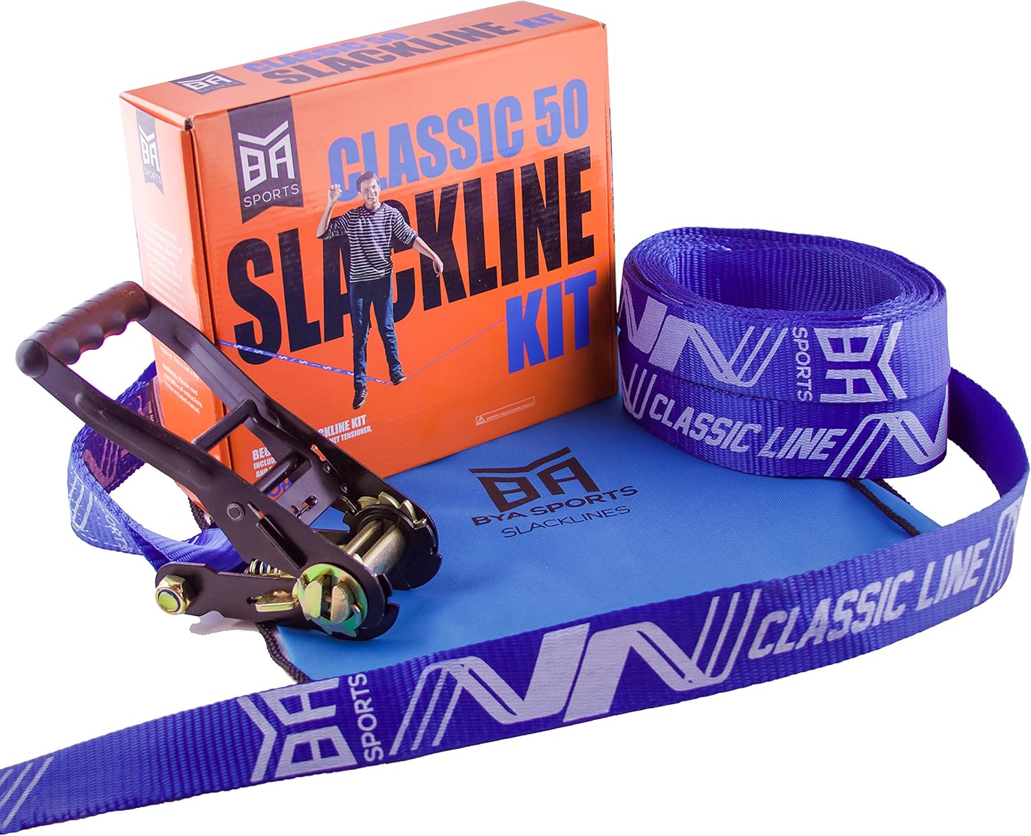 BYA Classic Slackline Kit 50ft/85ft with Storage Bag and Booklet for Slackline Set Up