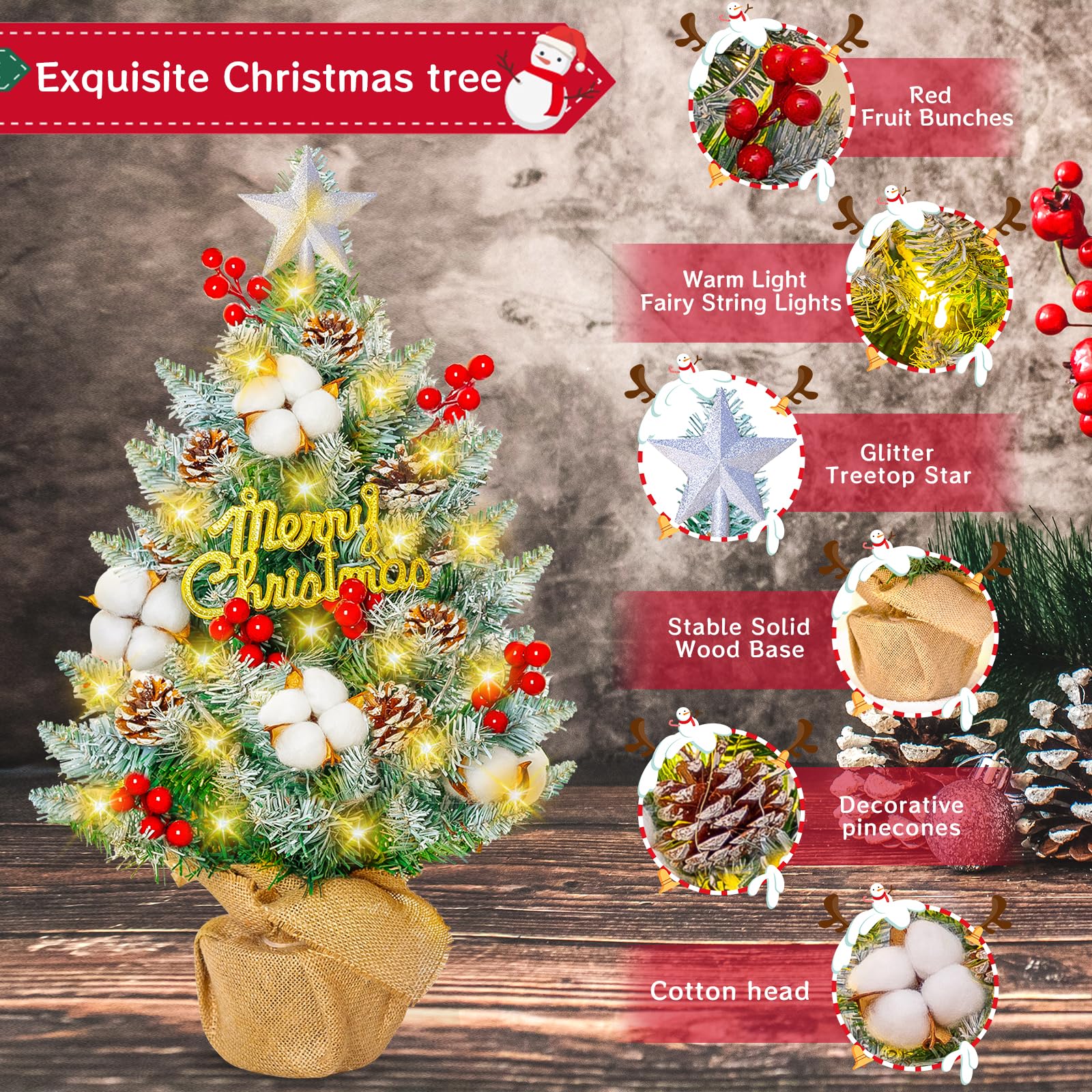 Mini Sapin De Noël 60cm Avec Lumières LED - Sapin Artificiel De Table Avec Ornements - Décoration Festive