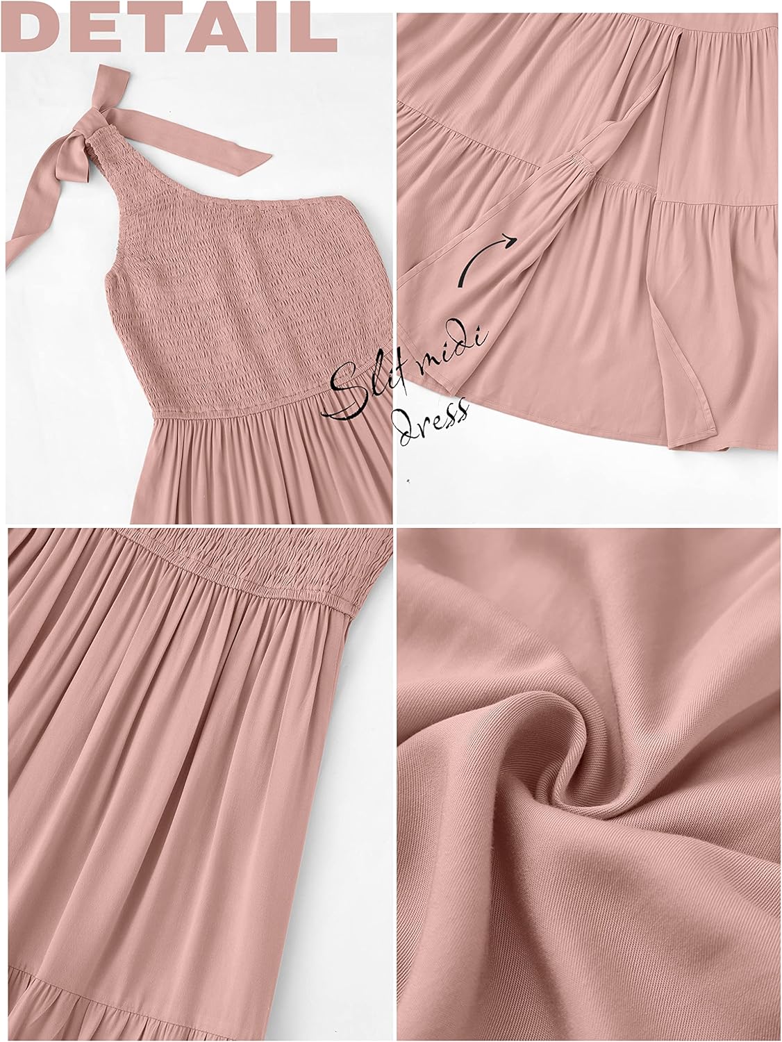 MEROKEETY Women's 2026 Summer Sleeveless Midi Dress One Shoulder Knot Smocked Split Formal Cocktail Wedding Guest Dresses - Image 5