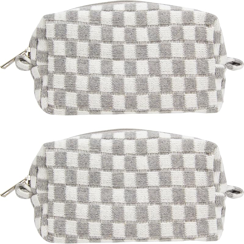 Necessaire de maquiagem xadrez PAZIMIIK, cinza, pacote com 2