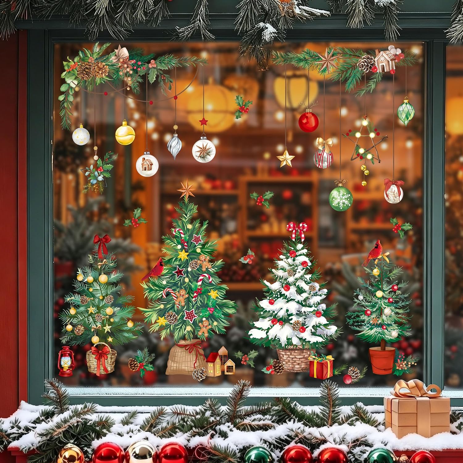 Joeyan Christmas Window Clings Stickers for Glass,9 Sheets Cats Dogs Clings Decals with Christmas Tree,Double Sided Xmas Decorations Clings for Winter Holiday Home Party Office image 3