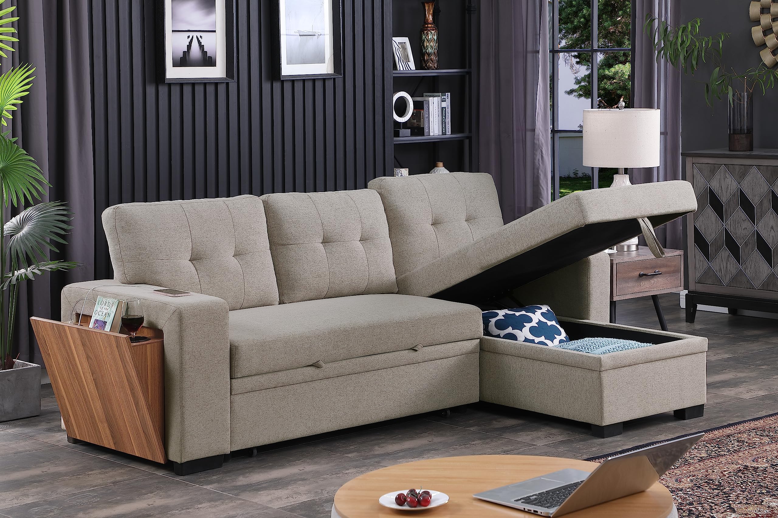 INCOMPLETE. boxes 2 of 3 , CMHOME 92" L-Shape Linen Reversible Sleeper Sectional Sofa with Pull Out Bed Chaise, Upholstered Corner Couch w/Storage-Compartment Armrest, USB Port, Cup Holders, 53" Dx34.5 Hx92 W, Light Gray(armless part only)