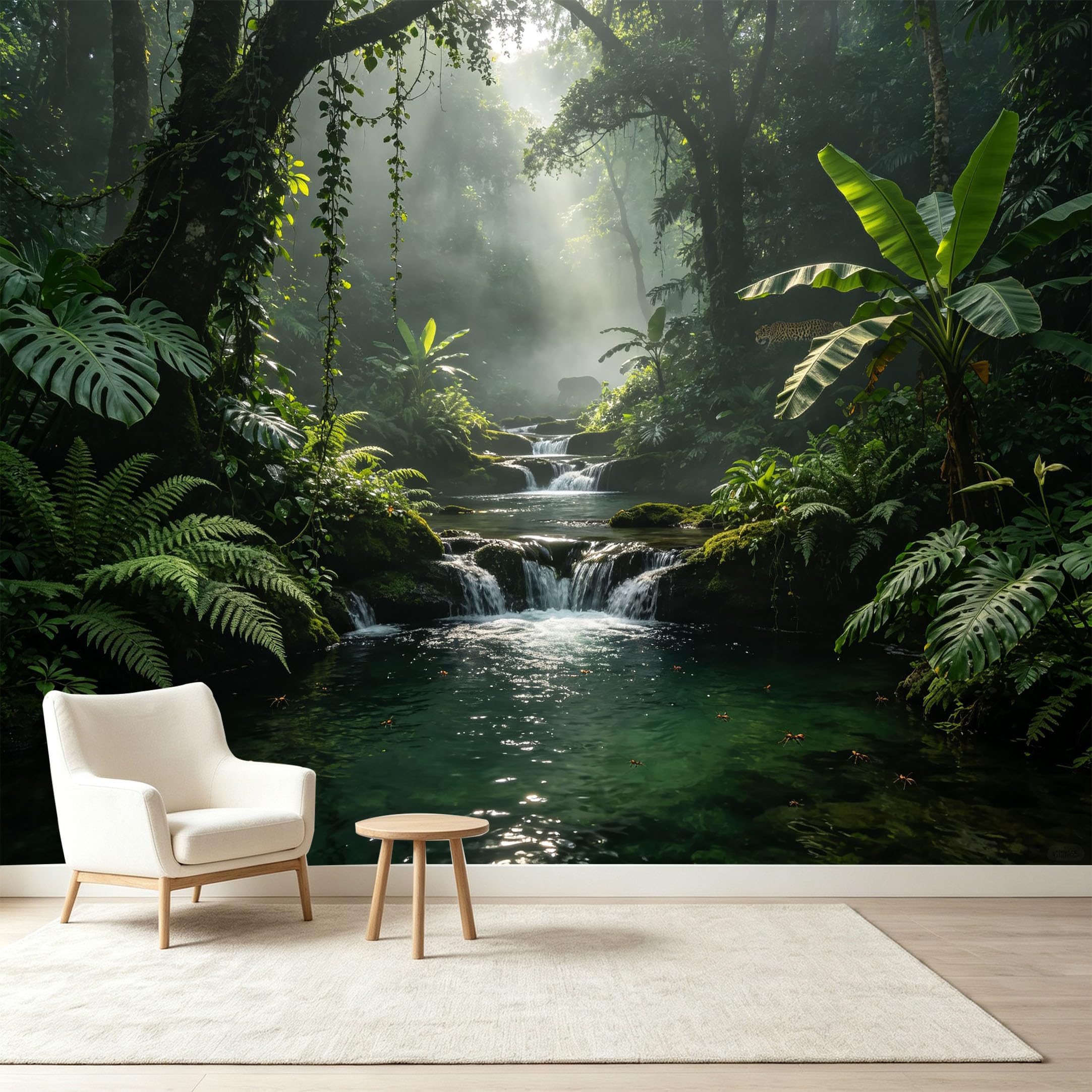 Custom Size Wall Murals Tropical Jungle Rainforest Waterfall Sunbeam Self-Adhesive Wall Fabric Removable Wallpaper Wall Decor for Living Room Bedroom Bathroom