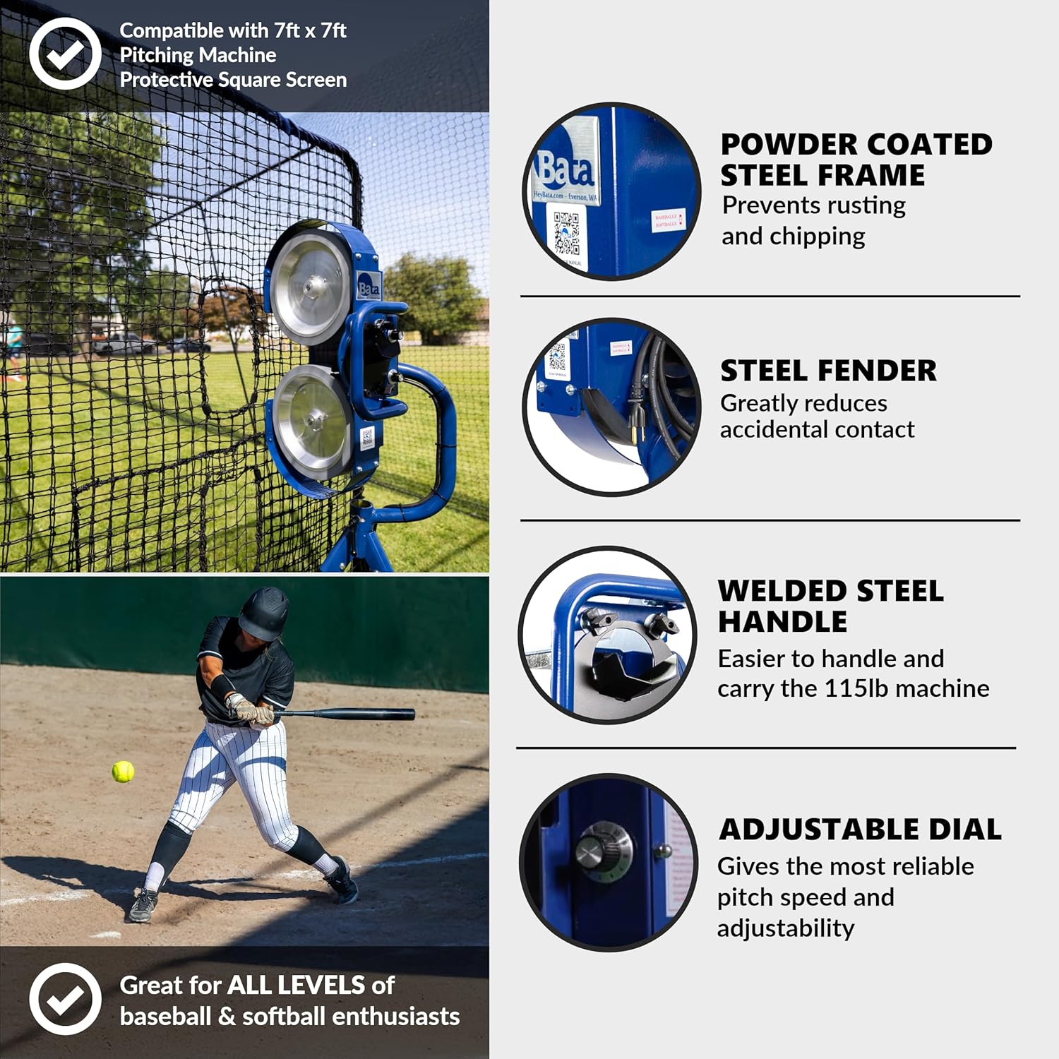 BATA Baseball and Softball Combo Wheel Pitching Machine, Youth and Adult Automatic Pitch Machine for Baseballs and Softballs, Practice Training Equipment