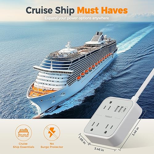 Miniatura 2 de Cruise Essentials, TESSAN - Regleta de alimentación de viaje de enchufe plano, protector de sobretensiones para cruceros, 3 tomacorrientes, 3 USB (1