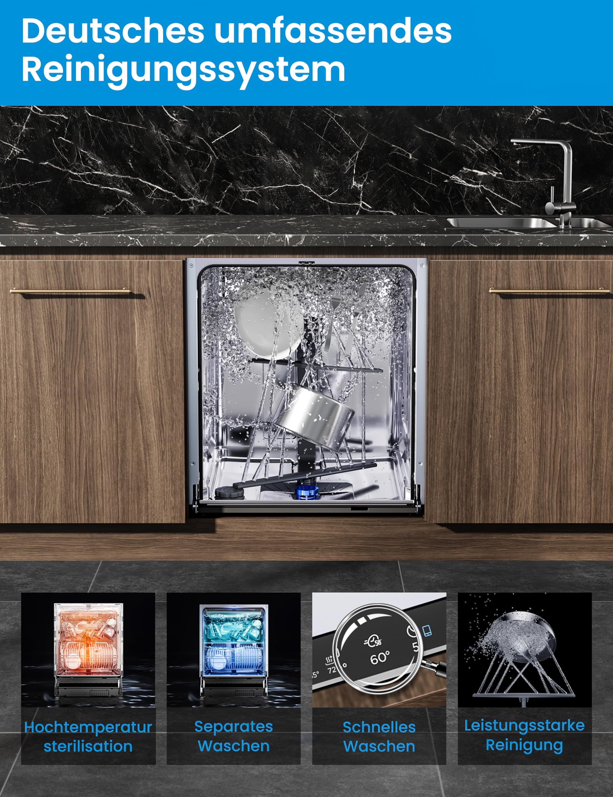 Midea SV 7.03M14B Lave-vaisselle entièrement intégré, 60 cm, 14 compartiments standards, tiroir à couverts, entretien hygiénique, avec WiFi, 7 programmes, 42 dB, Dualzone Wash, séchage supplémentaire