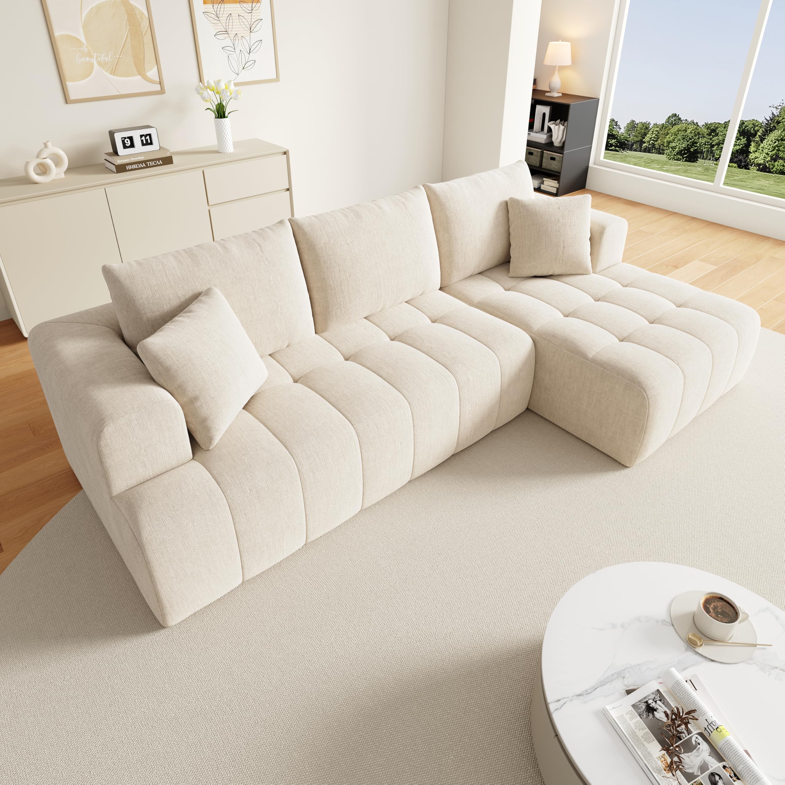 Sapgaks Canapé d'angle Convertible,canapé Convertible 3 Places,canapé 3 Places,modulaire en Forme de L sans Cadre,canapé Nuage Chenille, Librement combinable,Aucun Assemblage requis (Beige-G)