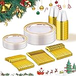 150 PCS Clear Gold Disposable Dinnerware Set for 25 Guests, Clear and Gold Plastic Plates for Party, 25 Dinner Plates, 25 Salad Plates, 25 Cups, 25 Spoons Forks Knives for Wedding and Party Supplies
