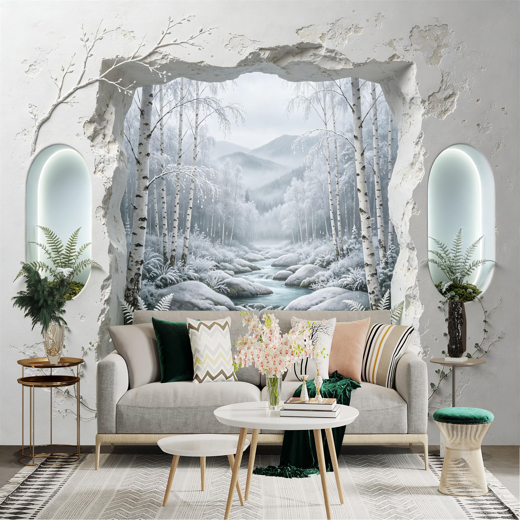 Custom Size Wall Sticker Mural， Winter Forest River with Snowy Mountains and Frosted Trees， for wall Decoration， peelandstick wall Decals.