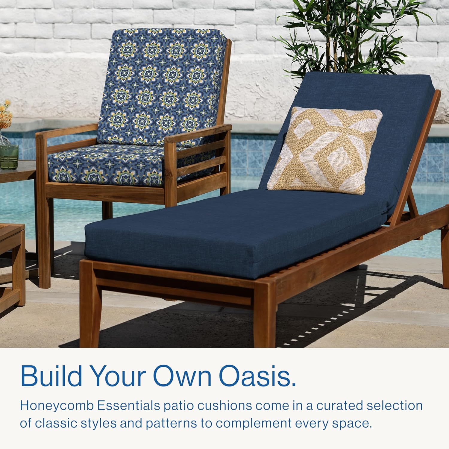 Honeycomb Outdoor Essentials Dining Chair Cushion, 20 x 41, Medina Medallion Blue Cushion for Patio Furniture