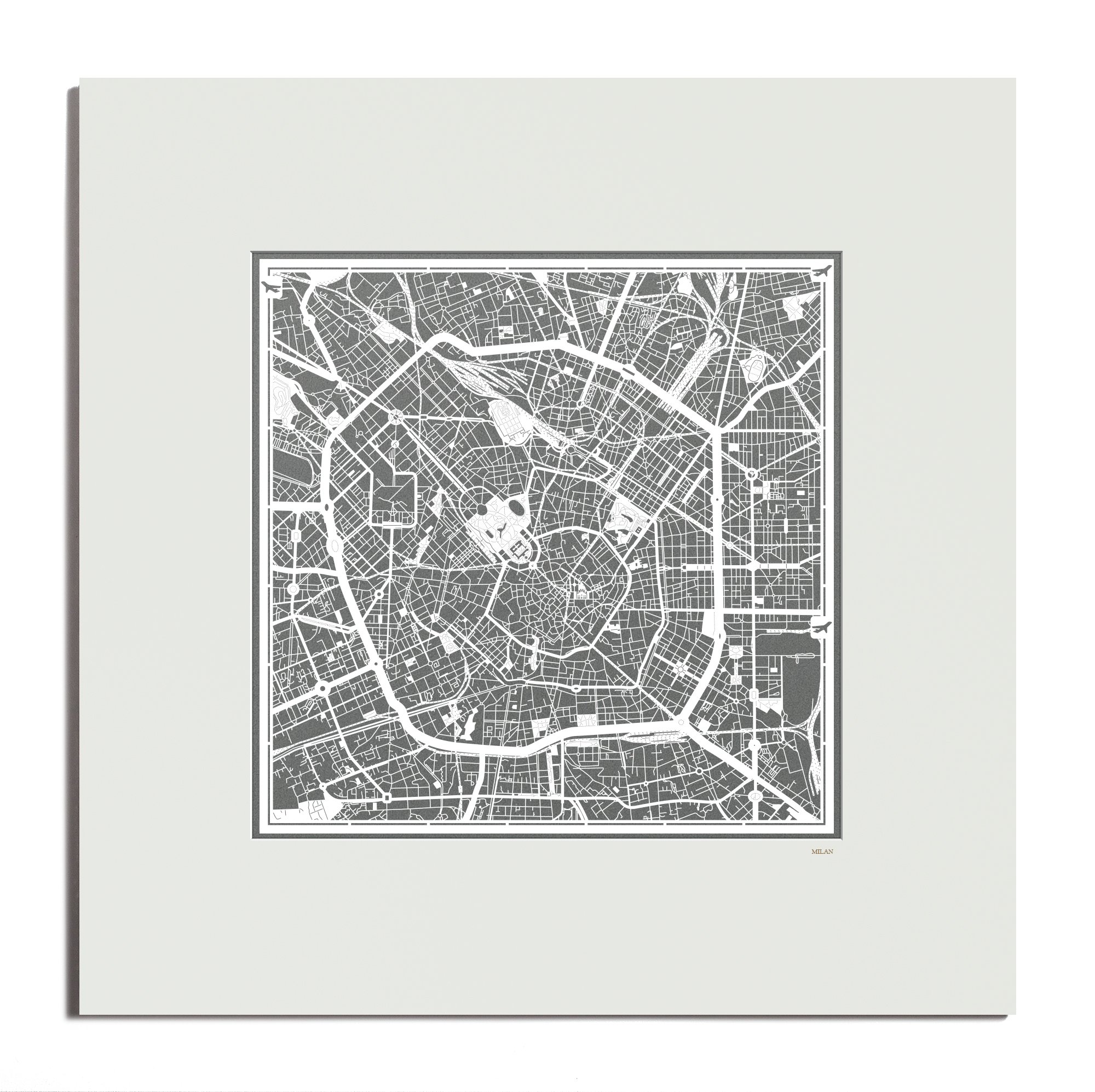 O3 Design Studio Milan Paper Cut Map Matted Grey 20x20 In. Paper Art