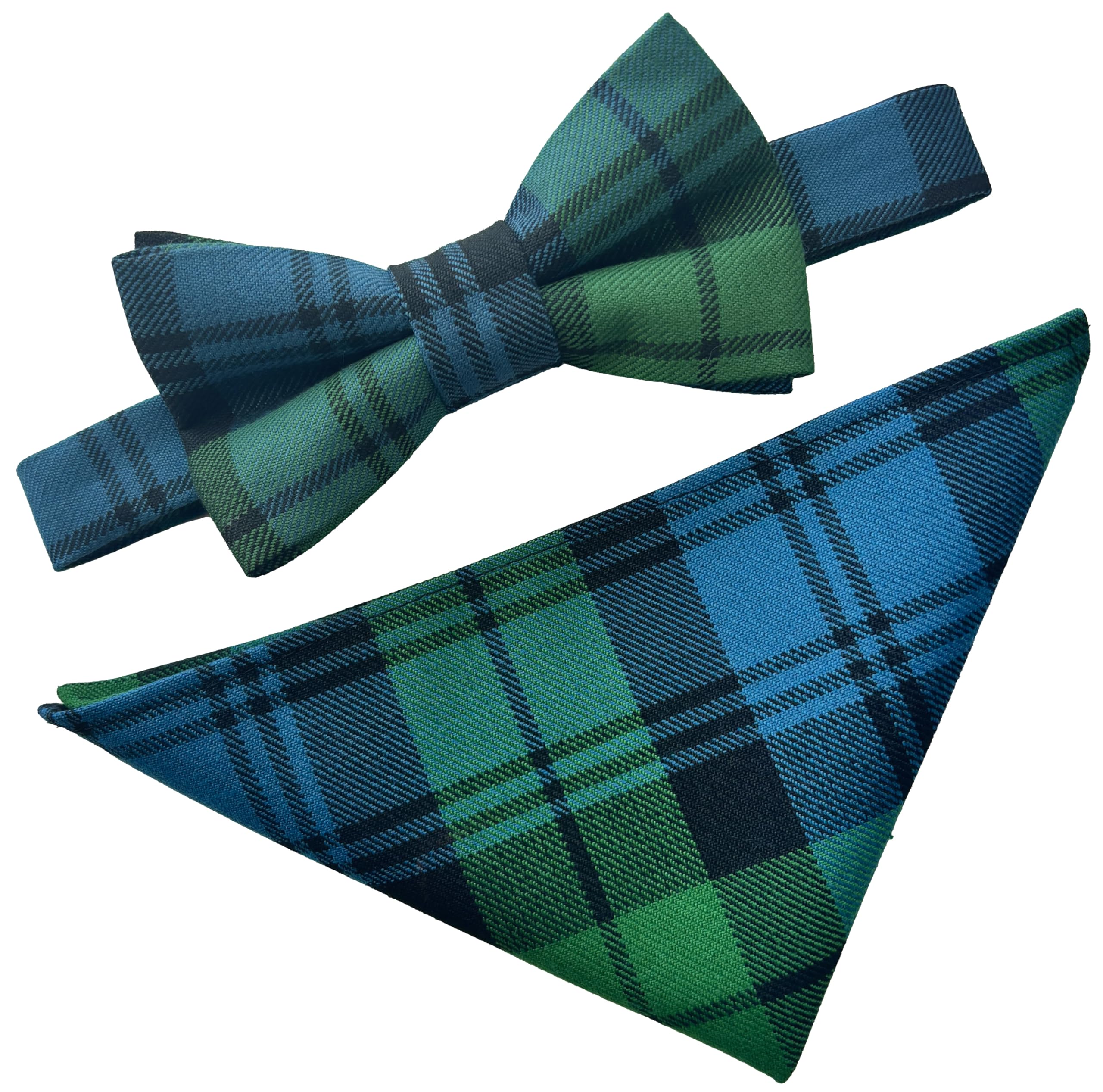 Great British Tie Club Men's Teal, Black, Green Campbell Tartan Scottish Plaid Bow Tie & Hanky Set
