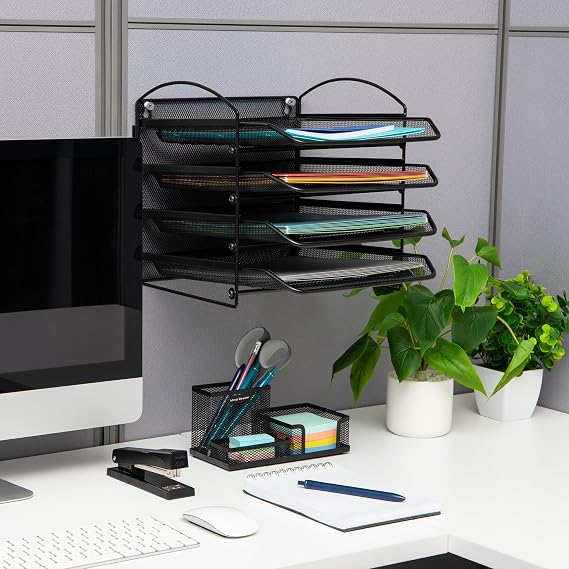 Mind Reader Network Collection 4-Tier Paper Tray File Storage Desktop Organizer Wall Mount File Organizer, Metal Mesh, Black