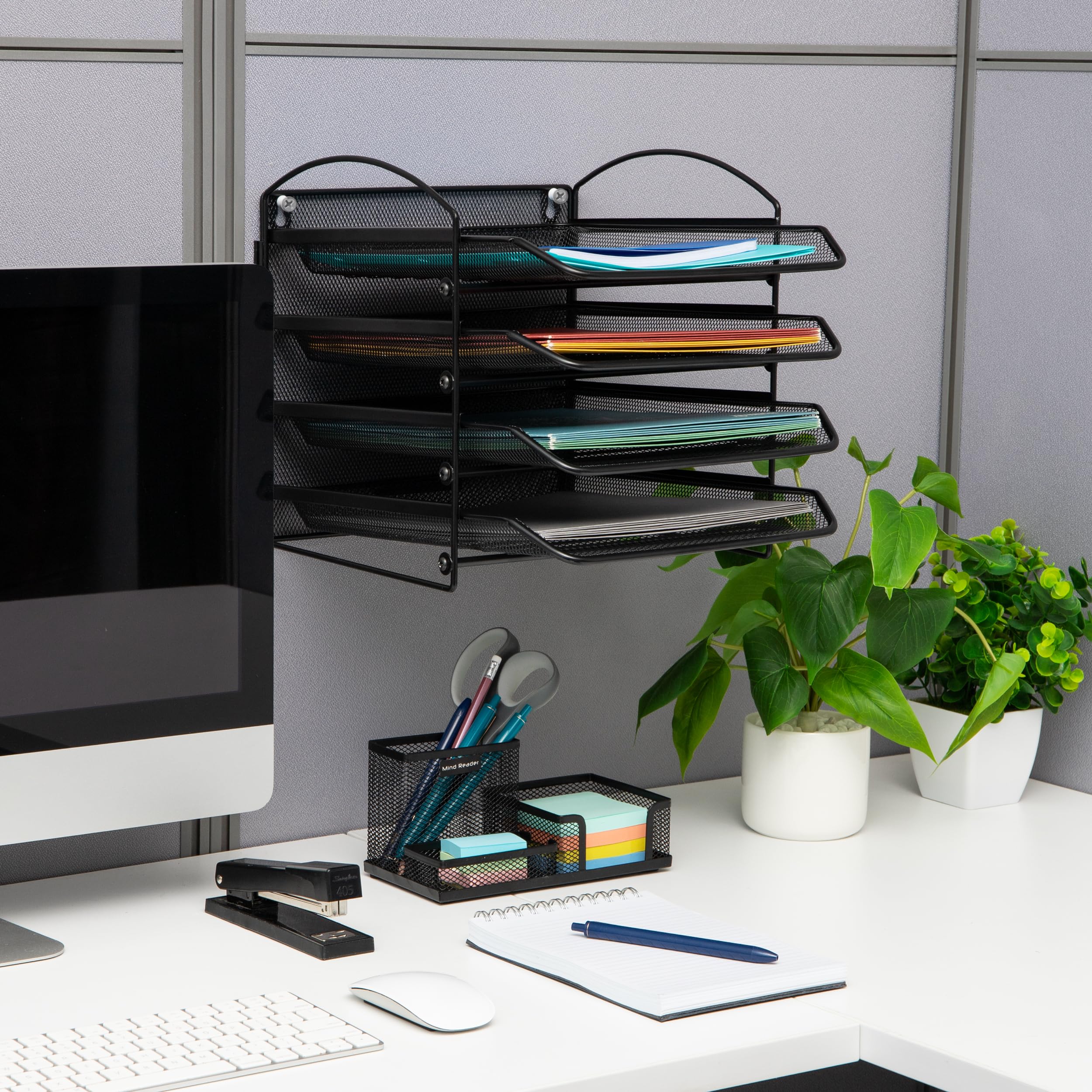 Mind Reader 4-Tier Paper Tray, File Storage, Desktop Organizer, Wall Mountable, File Organization, Metal Mesh, Black
