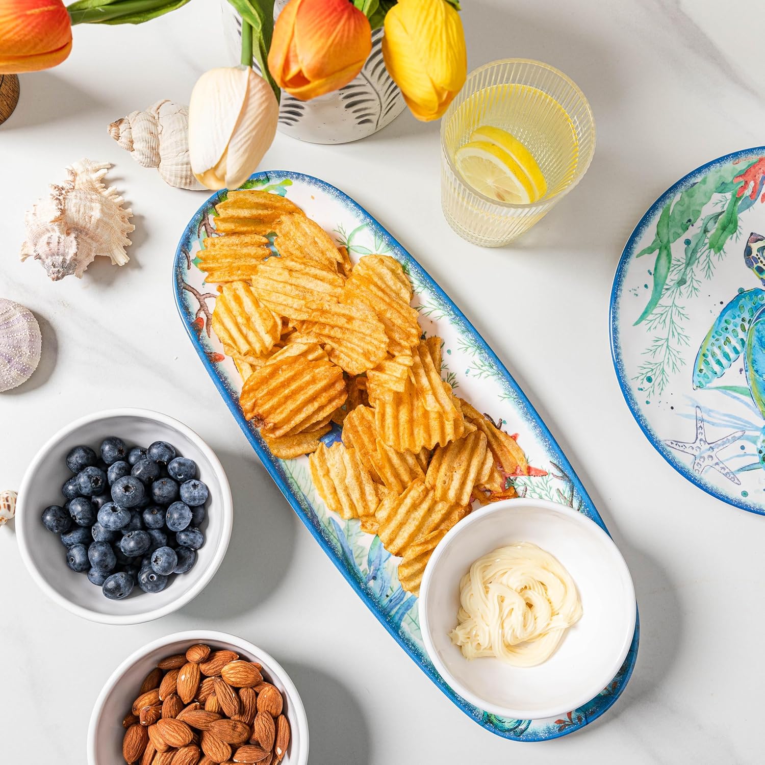 LEHAHA Coastal Chip and Dip Serving platter Set, Set of 3, Melamine Bowl and Tray Gift Set,Serving Dishes for Entertaining, Small Serving Bowls for Side Dishes, Salsa, Appetizers, Condiments.