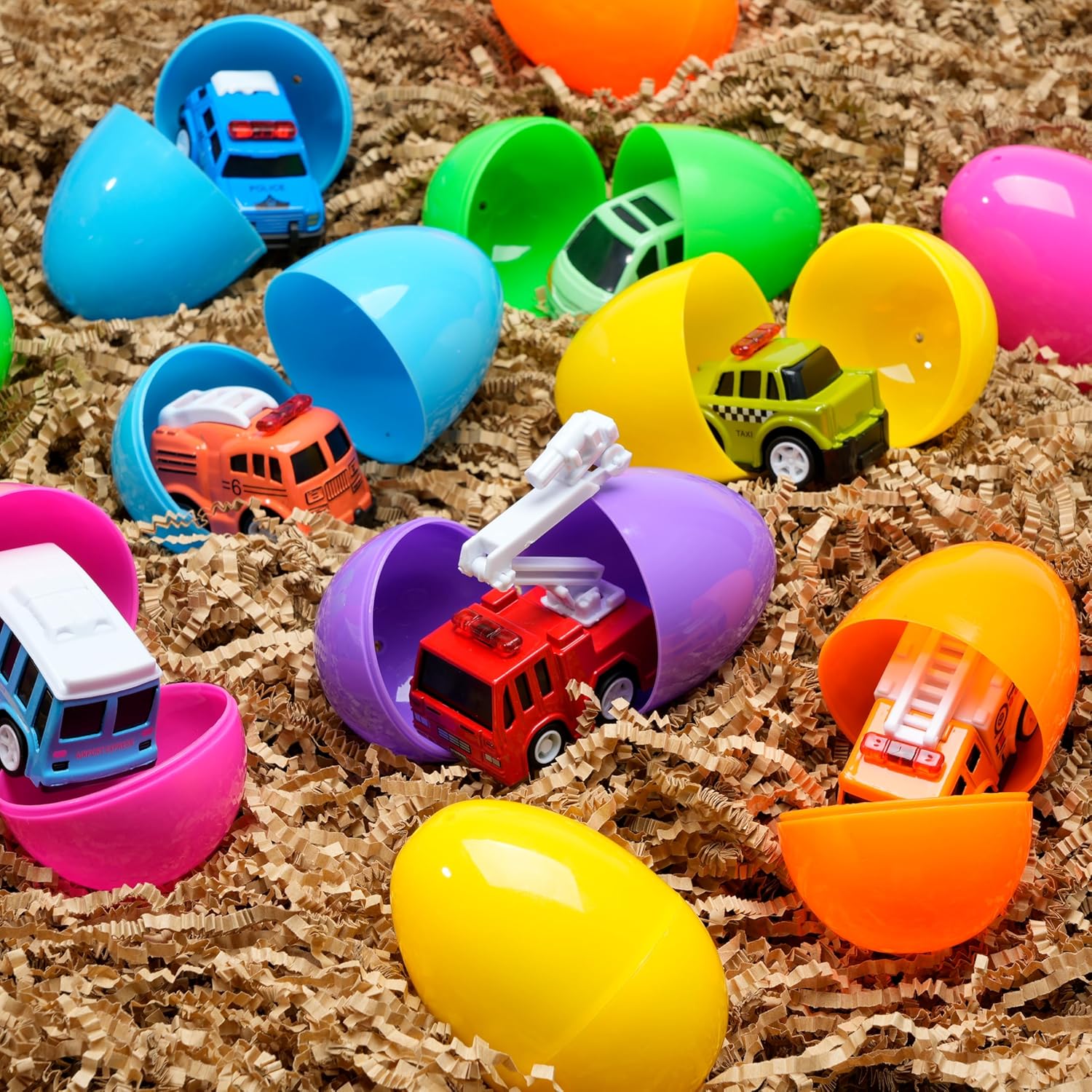 JOYIN 12 Pcs Prefilled Easter Eggs with Toys, Plastic Eggs with Cute Pull Back Cars, Easter Basket Stuffers, Party Favors for Kids, Classroom Prize Supplies