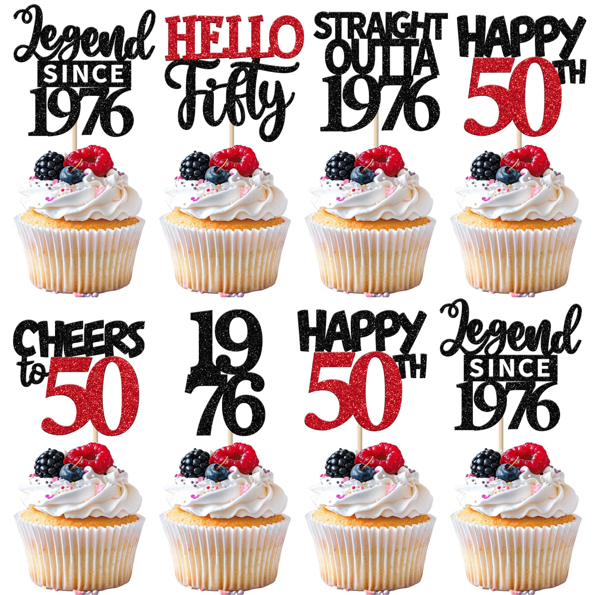 Xsstarmi 24 Pack 50th Birthday Cupcake toppers Black Red Glitter Straight Outta 1976 Cupcake Picks for Hello fifty Legend Since 1976 Birthday Party Cake Decorations Supplies