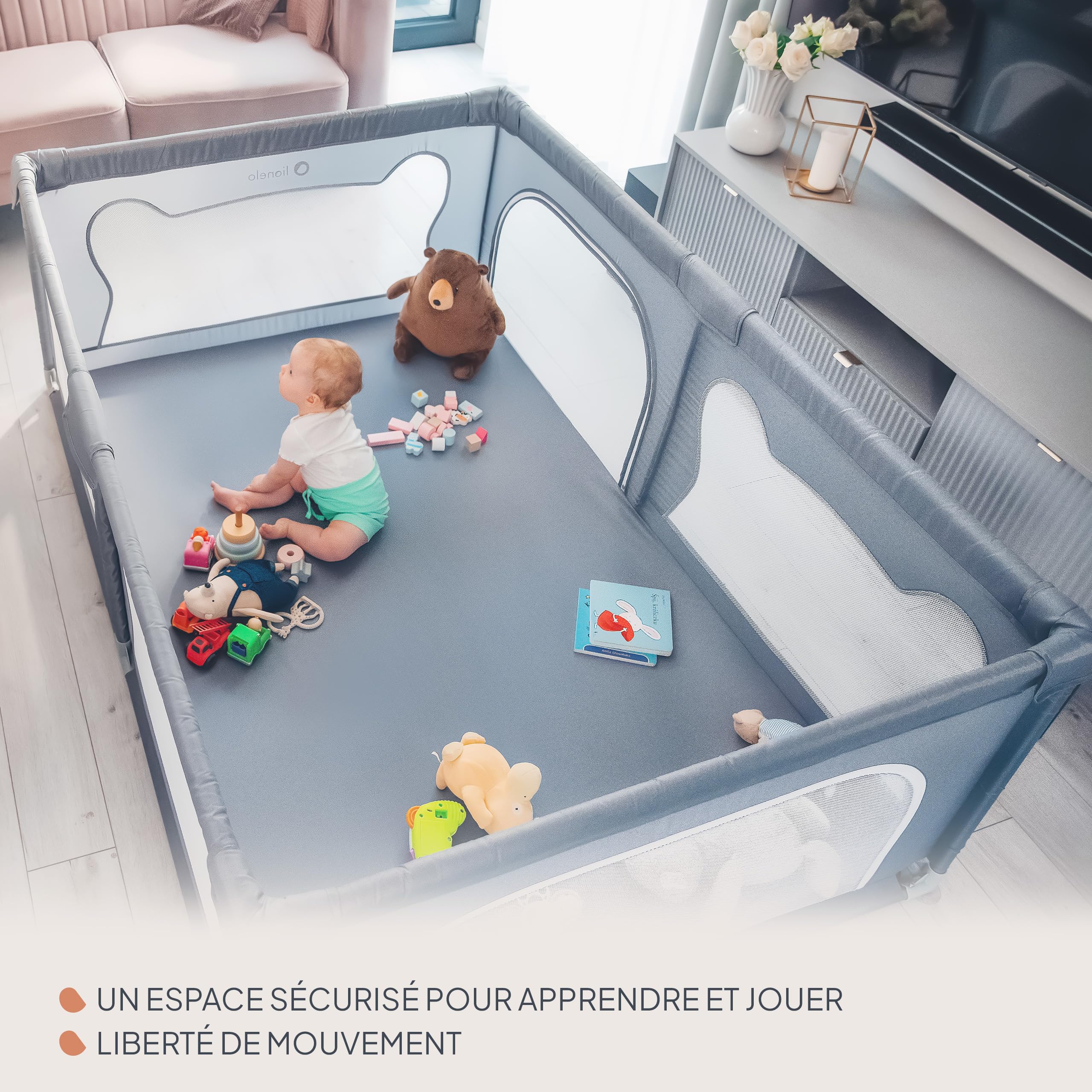 LIONELO WILLOW Parc pliant pour bébé, de 0 à 48 mois, grand espace 120 cm x 180 cm x 68 cm, parc pour bébé avec filet respirant, 2 entrées latérales zippées (Grey)