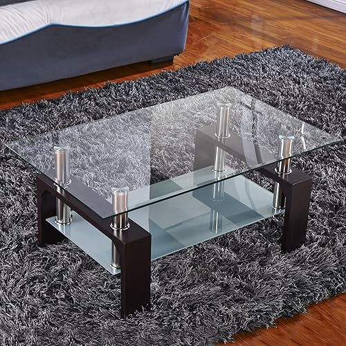 Miniatura 8 de Mesa de centro rectangular de cristal, mesa de centro lateral moderna de nogal con estante inferior, patas de metal, para sala de estar