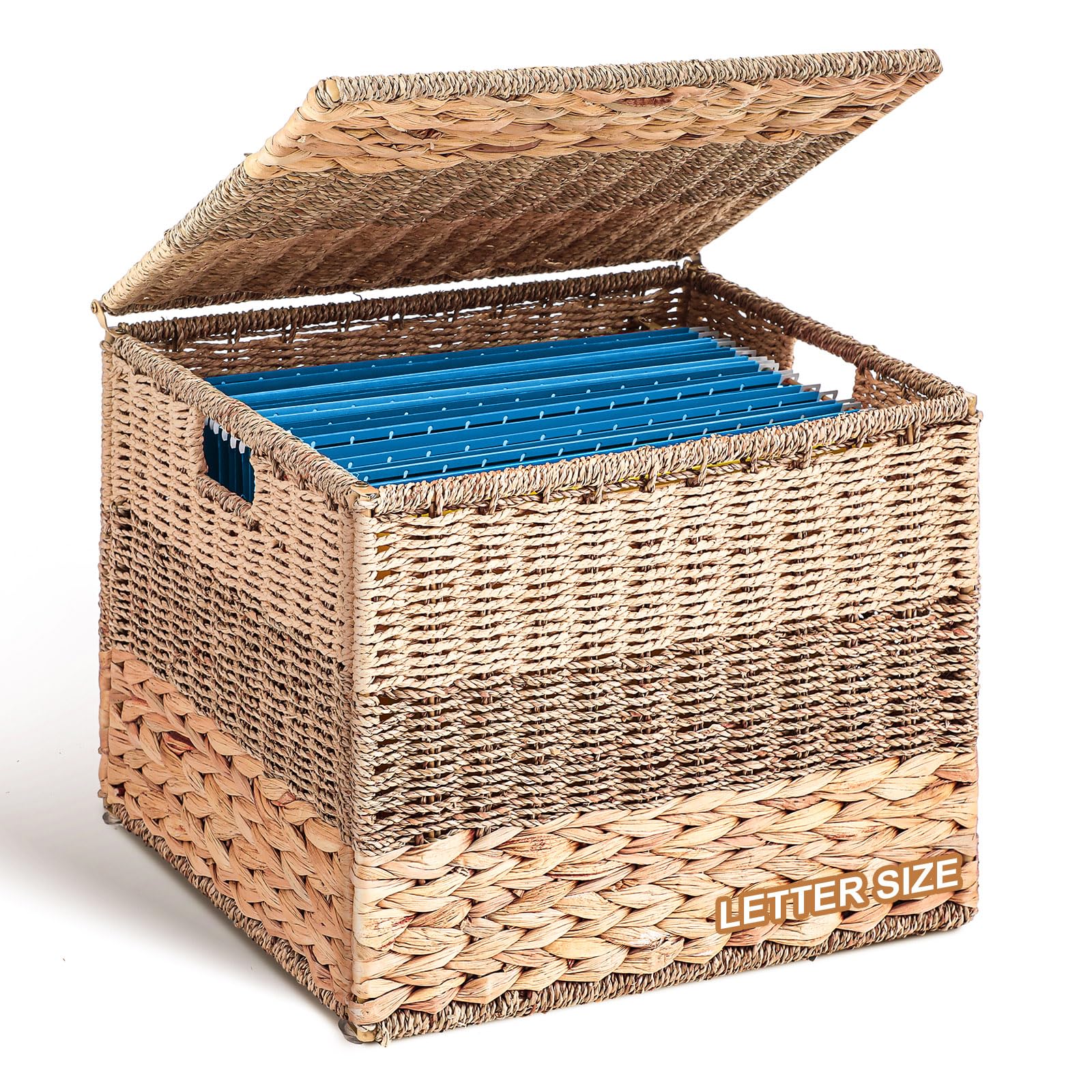 Decorative File Box 14 x 12 x 11 in Wicker Seagrass File Basket Organizer for Letter Size Hand Woven Hanging Filing Cabinet with Lid for Document Folder Home Office Decor, Water Hyacinth, Tricolor