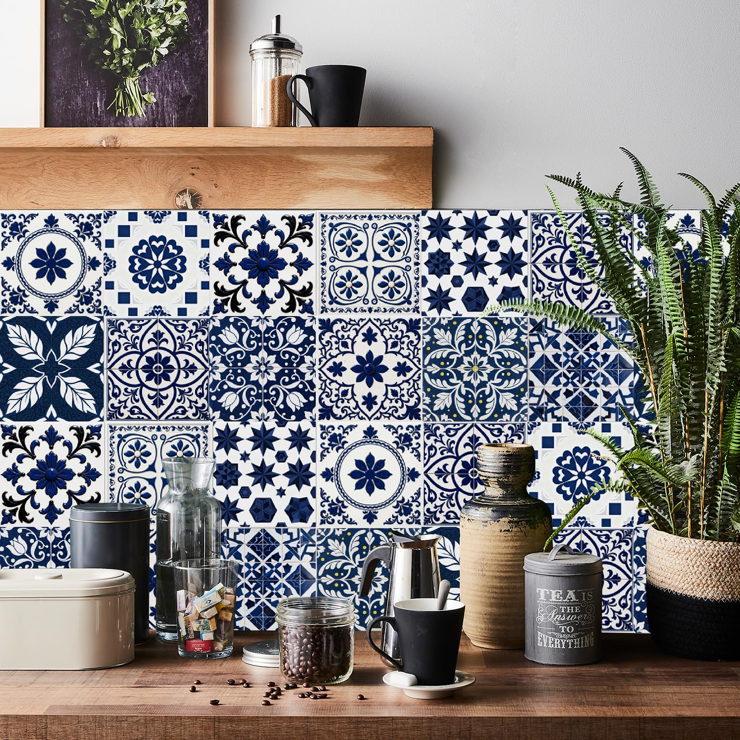 Tile Stickers for Kitchen 24 pcs Stick on Tiles Kitchen Bathroom Self Adhesive Peel and Stick Wall Waterproof Oil-Proof (10cm x 10cm, 4x4inches) for Floor Stairs Furniture(Blue White)