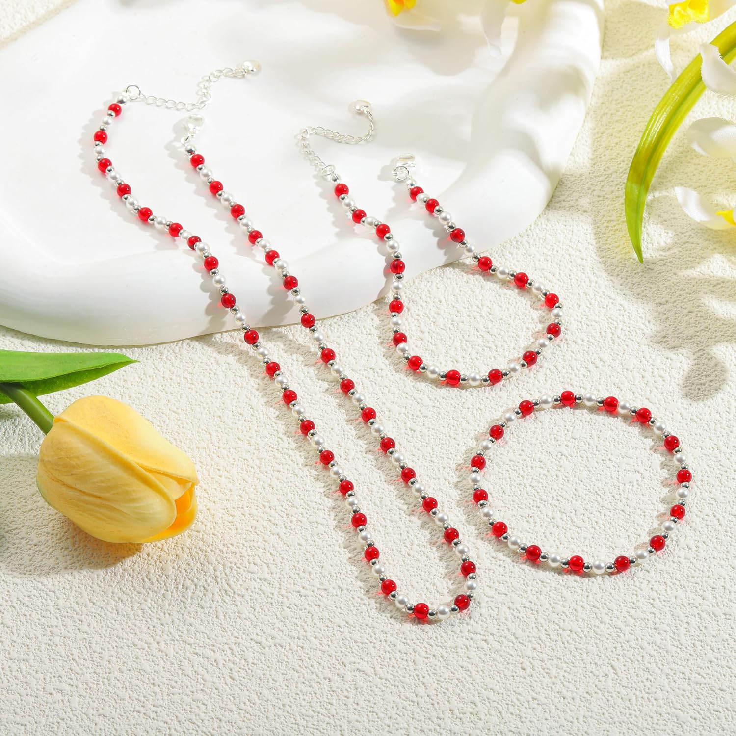 XIJIN Red Beaded Pearl Necklaces for Women Waterproof Stretch Beaded Anklet Gold Silver Jewelry Set