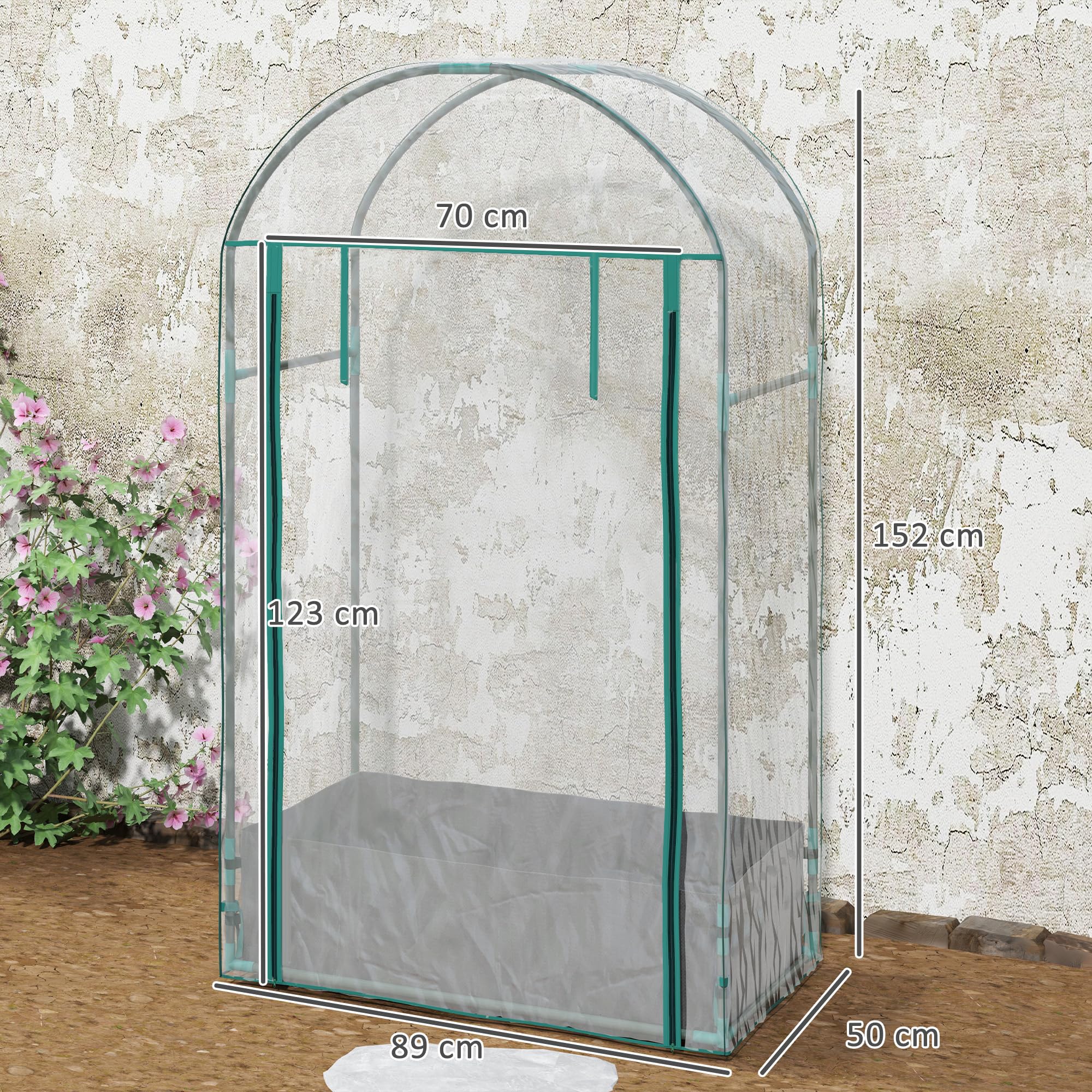 Outsunny Serre de Jardin, Serre de Balcon, Bâche Renforcée PVC, Châssis en Acier, Porte Zippée Enroulable avec Sac de Plantation, pour Légumes, Plantes, Intérieur, Extérieur, 89x50x152cm, Transparent