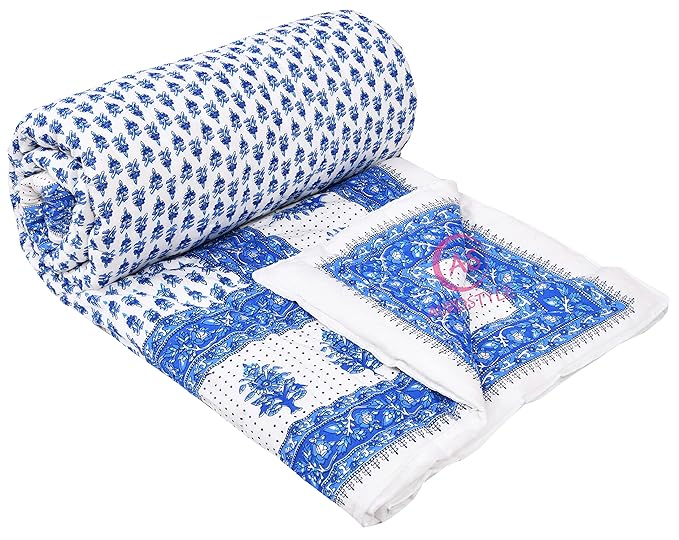 THROWS HOME DECOR 400 TC Double Bed Jaipuri Razai Organic Pure Cotton Jaipuri rajai Ac Quilt for Winter and Summer Soft Light Weight Rajasthani Traditional Cotton Comforter 85 x 100 inch Blue