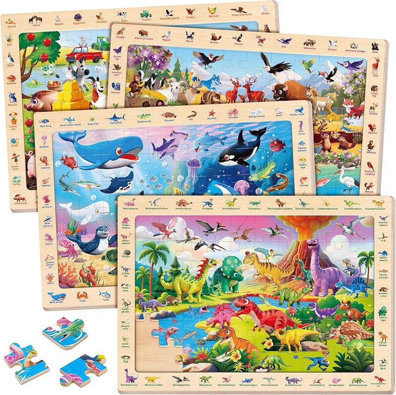 SYNARRY Wooden Dinosaur Farm Ocean Animal Puzzles for Kids Ages 4-6, 4 x 60 Piece Match & Find Puzzles for Kids Ages 3-5 Boys Girls, Preschool Educational Puzzle Toddlers Easter Gifts for 4-8 Year Old