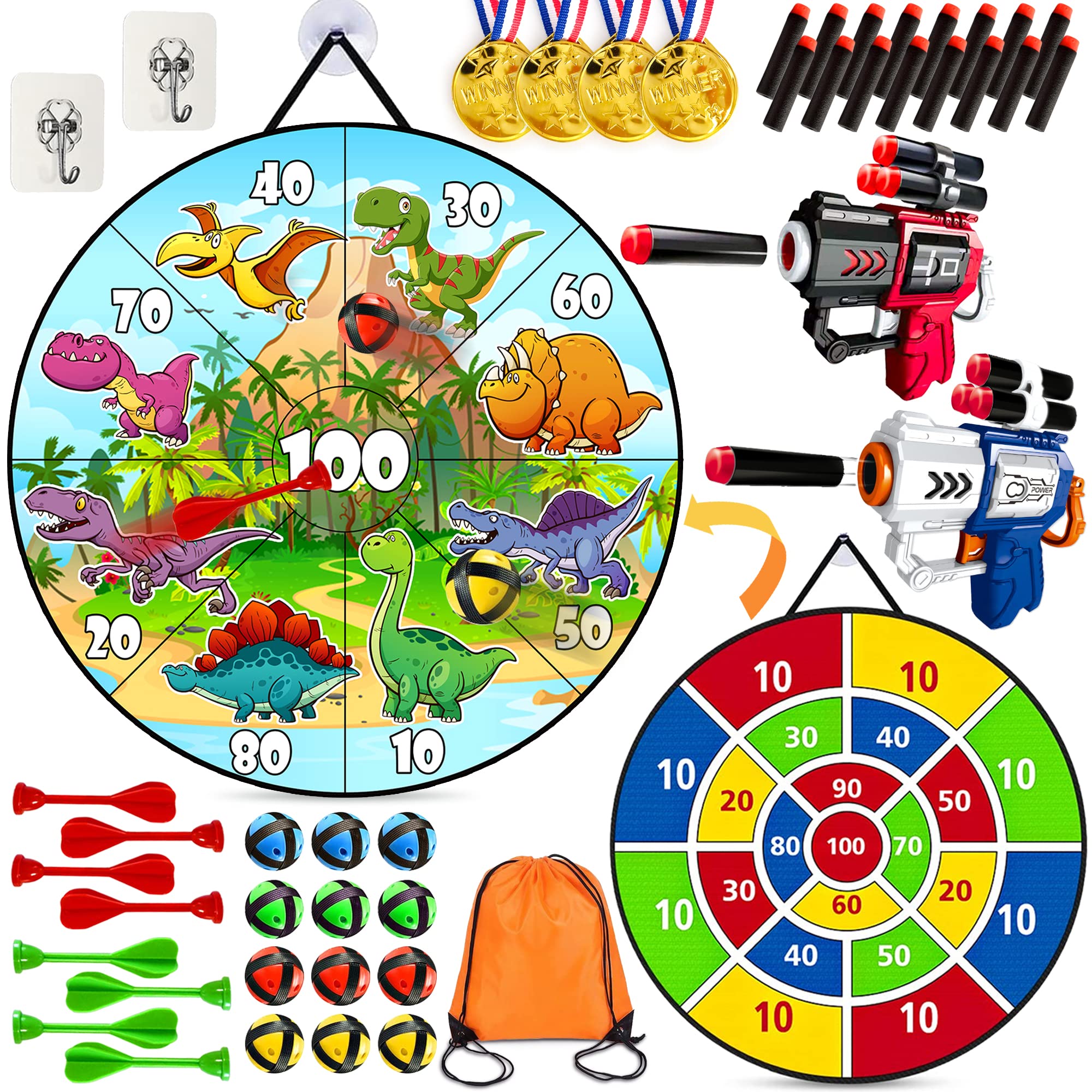 Chennyfun 26 Inch Double Sided Foldable Kids Dart Board Set, Dinosaur Theme Dartboard Game Set with 12 Sticky Balls, 8 Darts, 2 Mini Soft Bomb Toys, Indoor Outdoor Party Games Toys for Kids and Adults