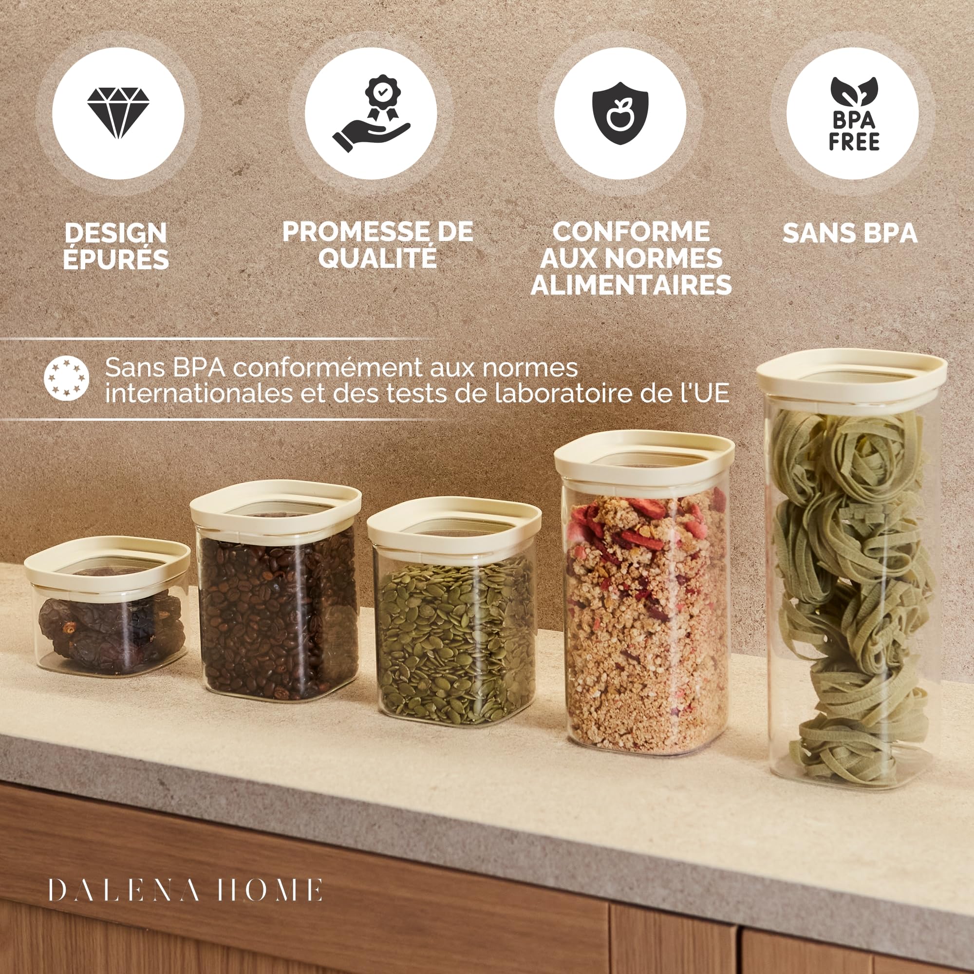 Bocaux Verre Hermétique Empilable, Set de 4 Verre Borosilicate Robuste + Etiquettes (4x 1500ml) - Boîte Rangement Cuisine - Pot Carrée