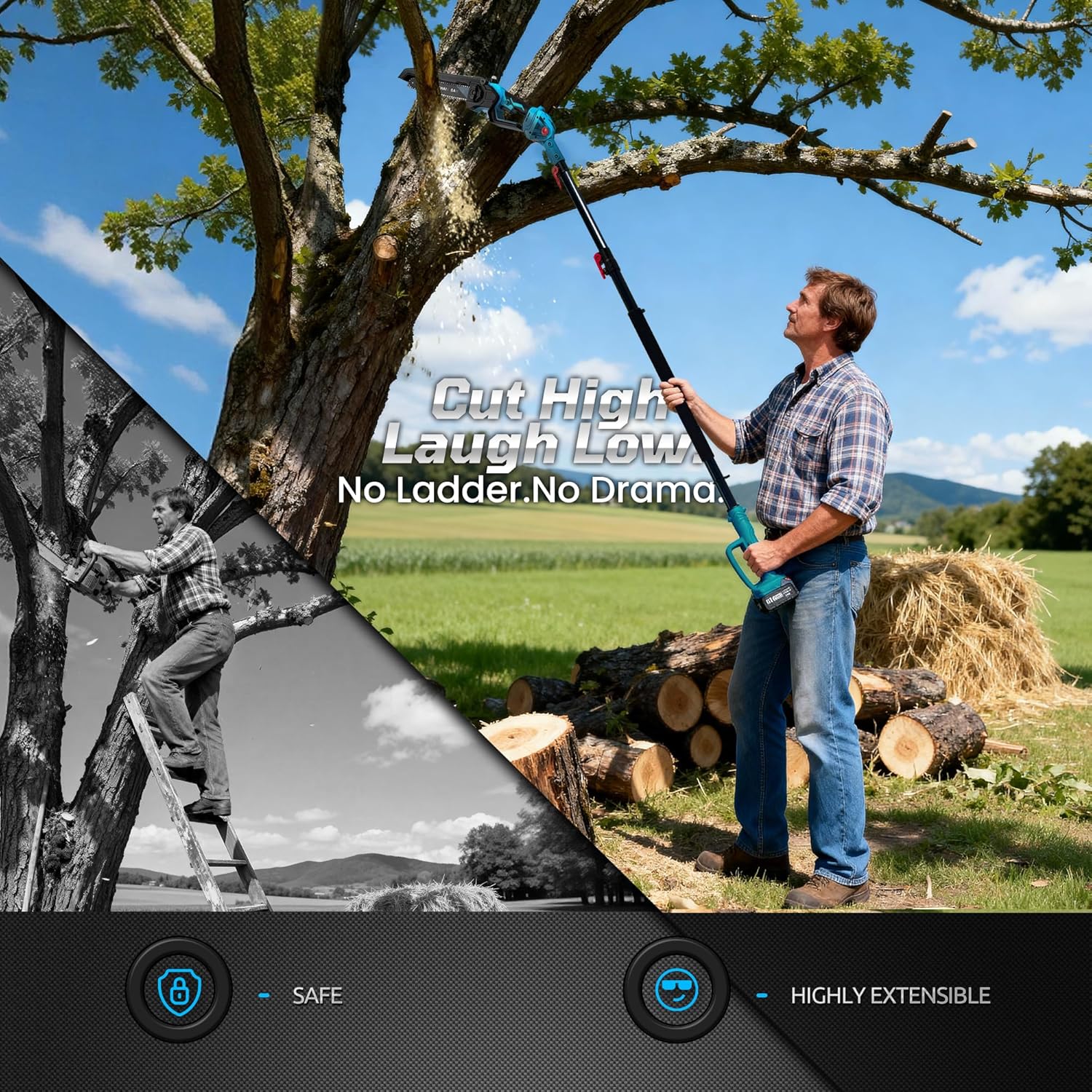 cordless 2-in-1 pole saw & 8\" mini chainsaw,brushless 1200w motor,2x21v 4.0ah batteries, 4-9ft extension pole with 0-180° adjustable head,auto oiling,max 16ft reach for tree or branches tree trimming blue