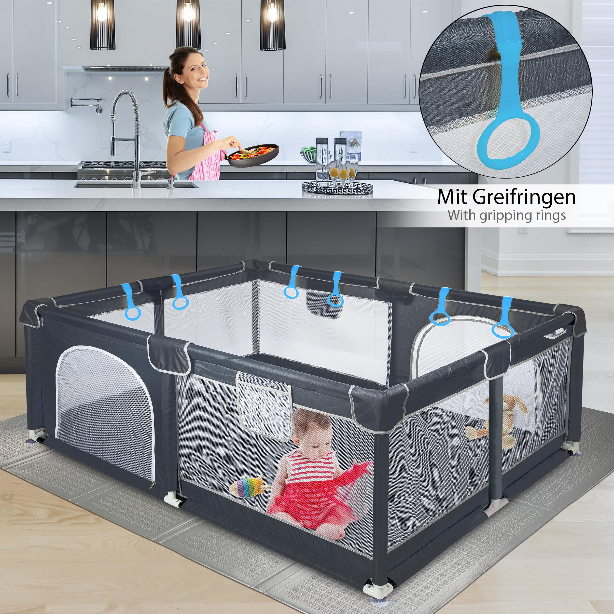 ONVAYA® Laufgitter mit faltbarer Spielmatte | Laufstall für Babys | 120 x 160 cm | Schutzgitter für Kinder | Rechteckiges Krabbelgitter | Absperrgitter | Babyzaun in Grau | sicher & schadstofffrei