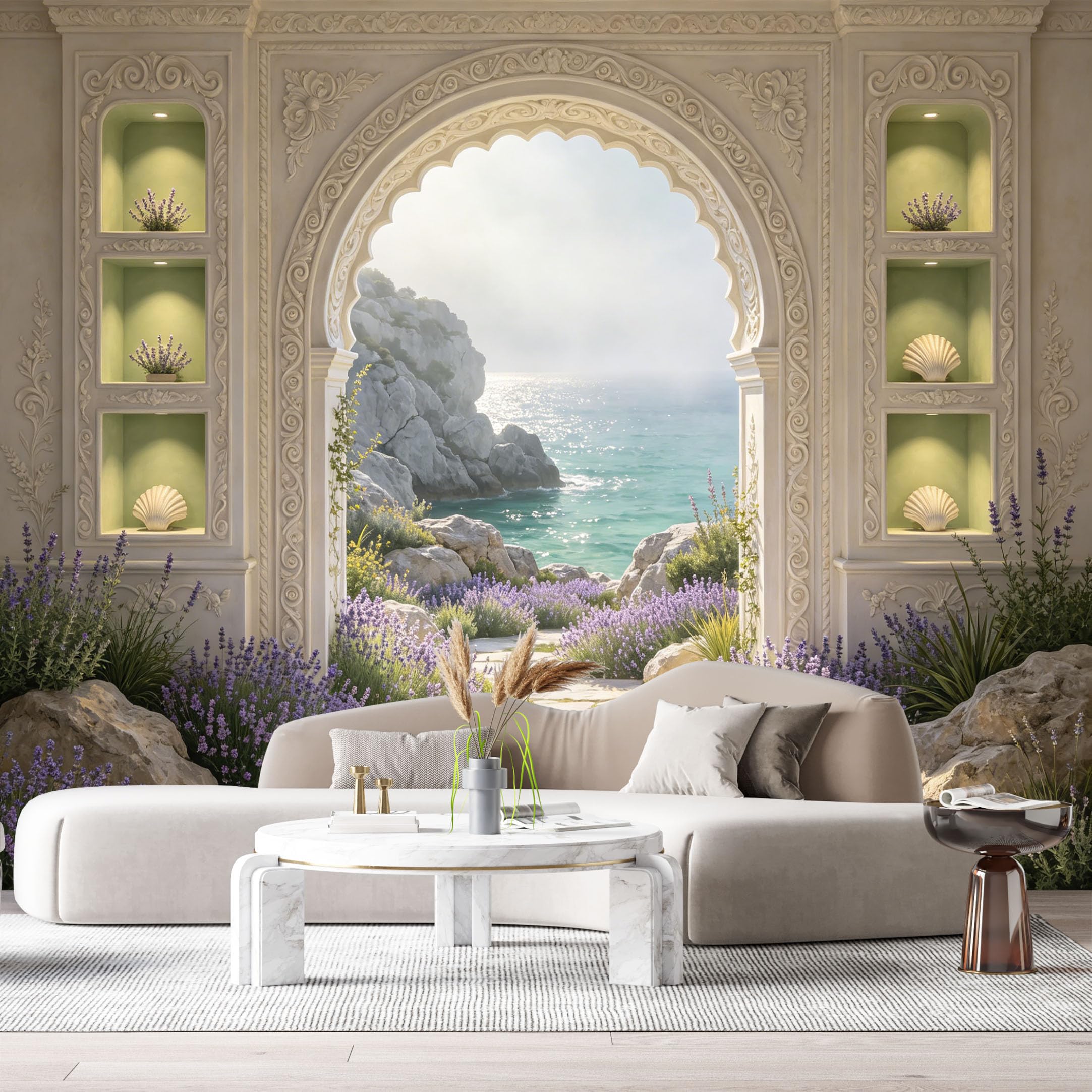 Custom Size Wall Murals Coastal Stone Archway Lavender Ocean 3D Trompe L'Oeil SelfAdhesiveWall Fabric Removable Wallpaper Wall Decor for Living Room Bedroom Bathroom