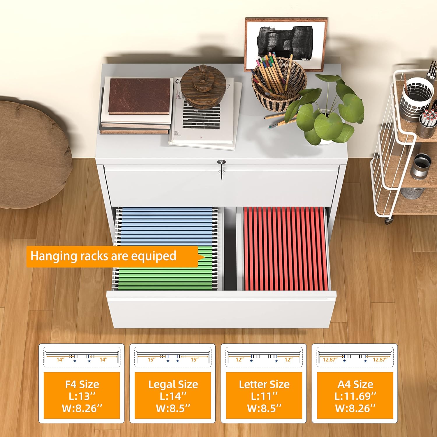 Diagram showing the internal hanging racks of the file cabinet and compatible file sizes: F4, Legal, Letter, and A4, with their respective dimensions.