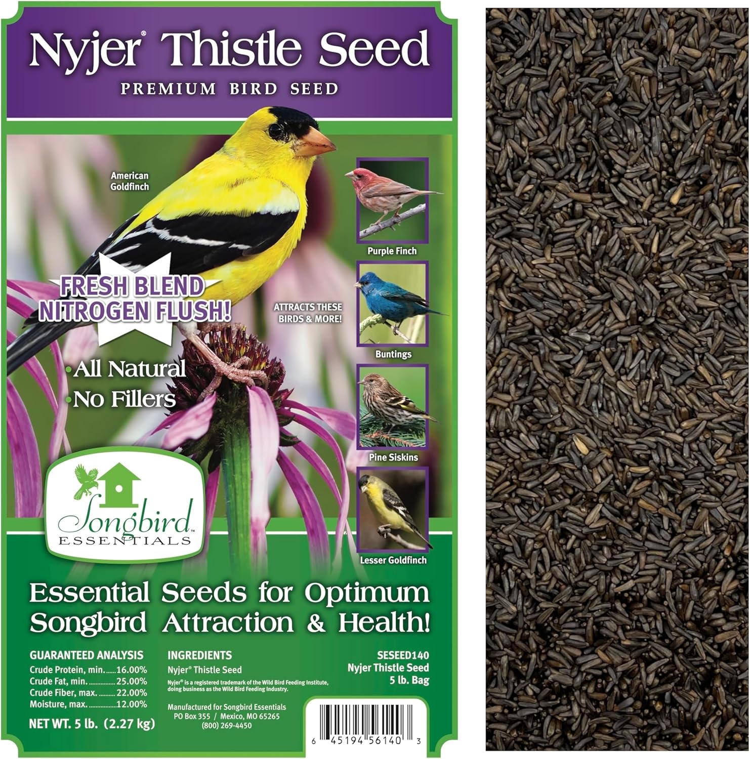 Songbird Essentials Wild Bird Food, Nyjer Thistle Seed, Premium Bird Seed, 5 Pound Bag, Nitrogen Flushed