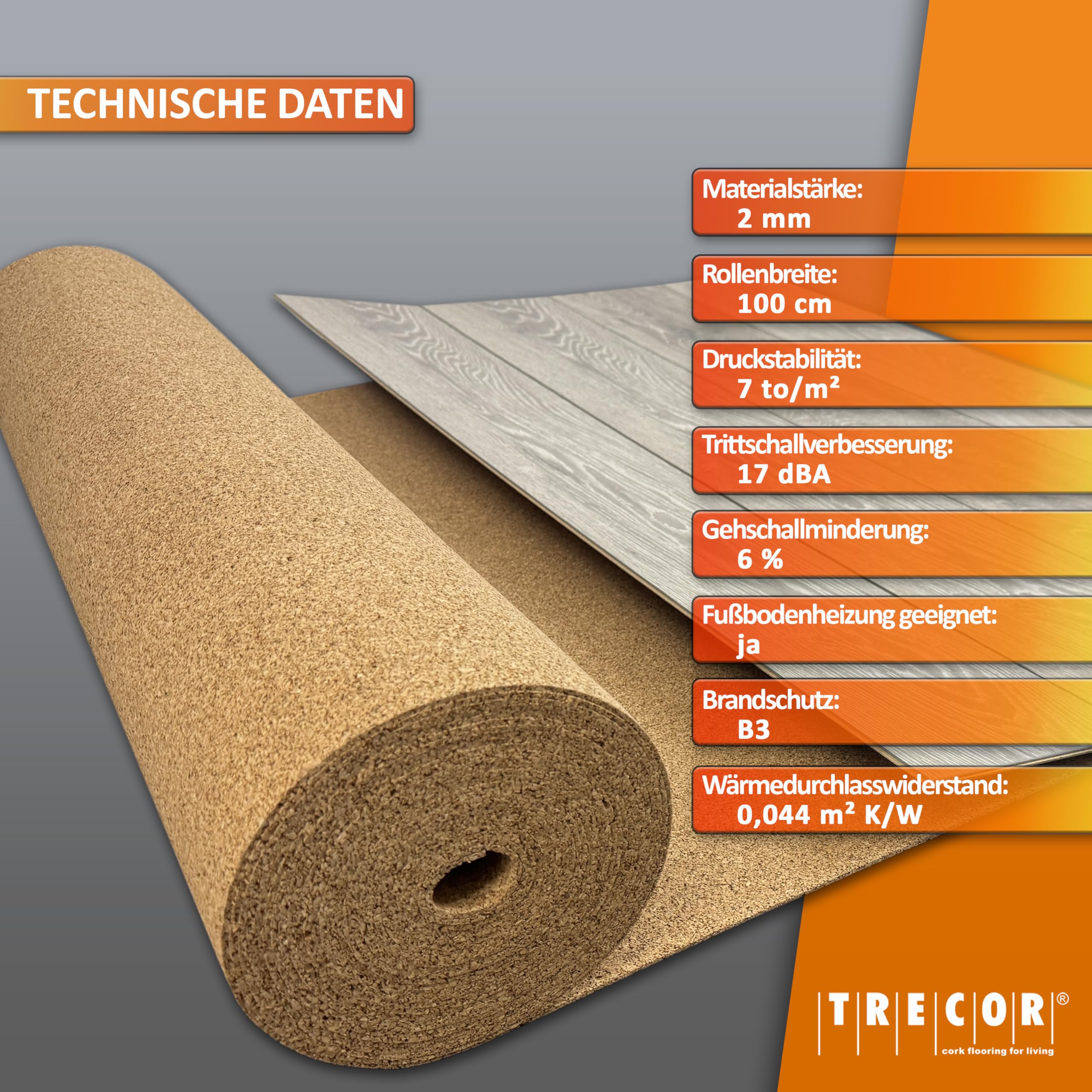 Base de corcho TRECOR aislante del ruido de impacto - 2 mm de espesor - Para suelos laminados y de parquet - Compra (20 m²)