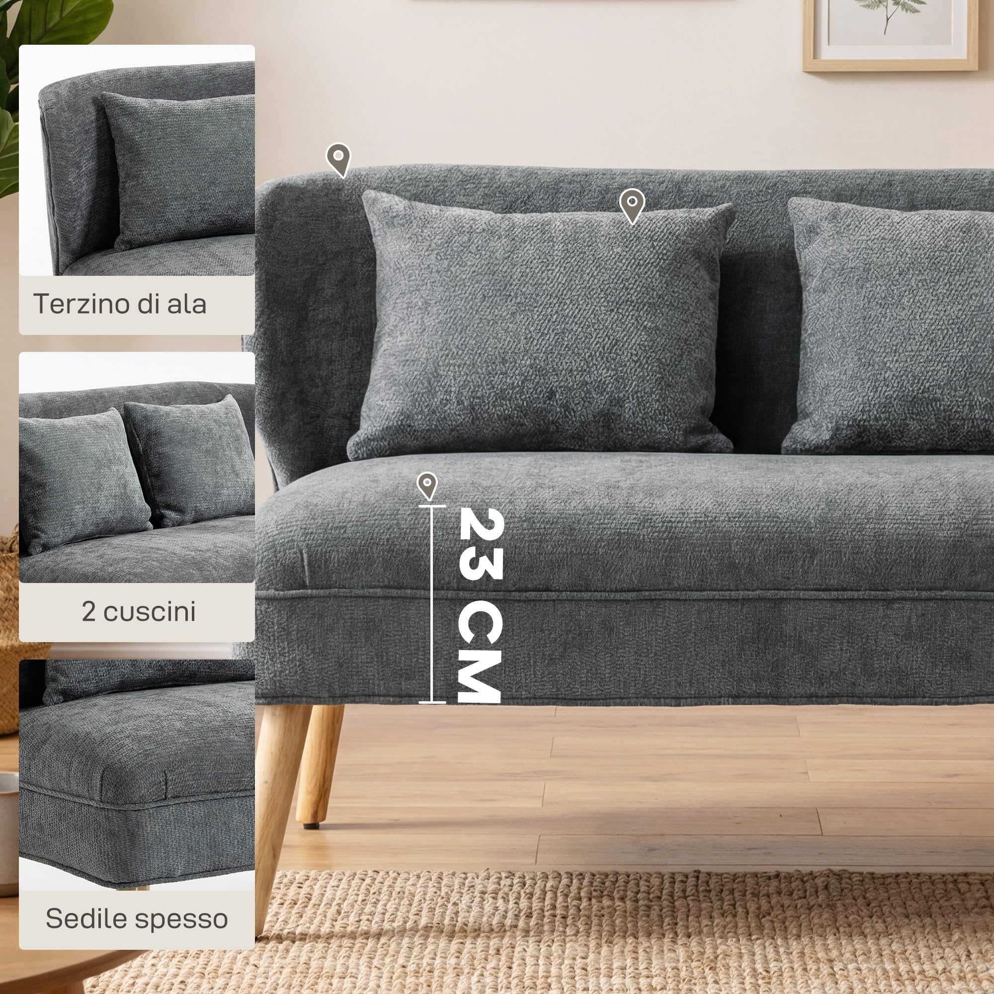 HOMCOM Divano 2 Posti in Ciniglia, Seduta Ampia, 117 x 65 x 78.5 cm, Grigio