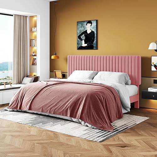 Miniatura 48 de HOOMIC Base de cama de plataforma de tamaño matrimonial, cama tapizada de terciopelo moderno con cabecera capitoné de canal vertical ajustable,