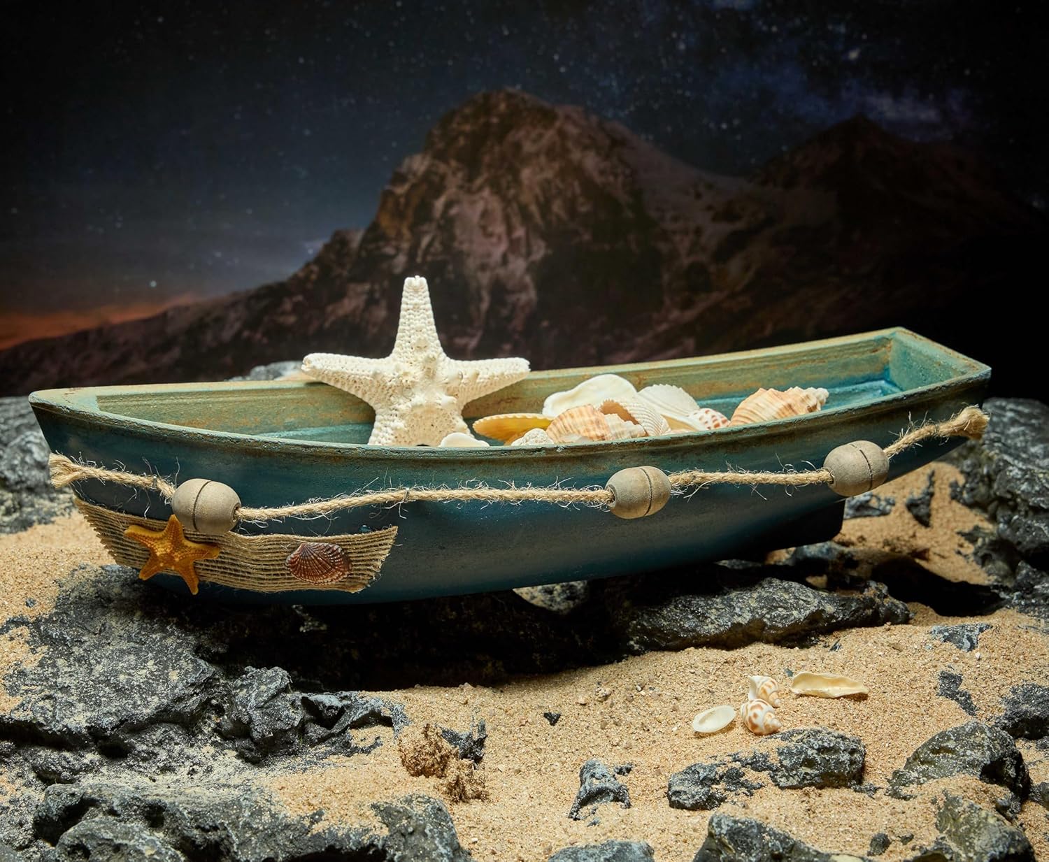 Wooden Boat Tray Display, 2 Pack Blue Boat Model Decoration, Nautical Beach Ocean Decor