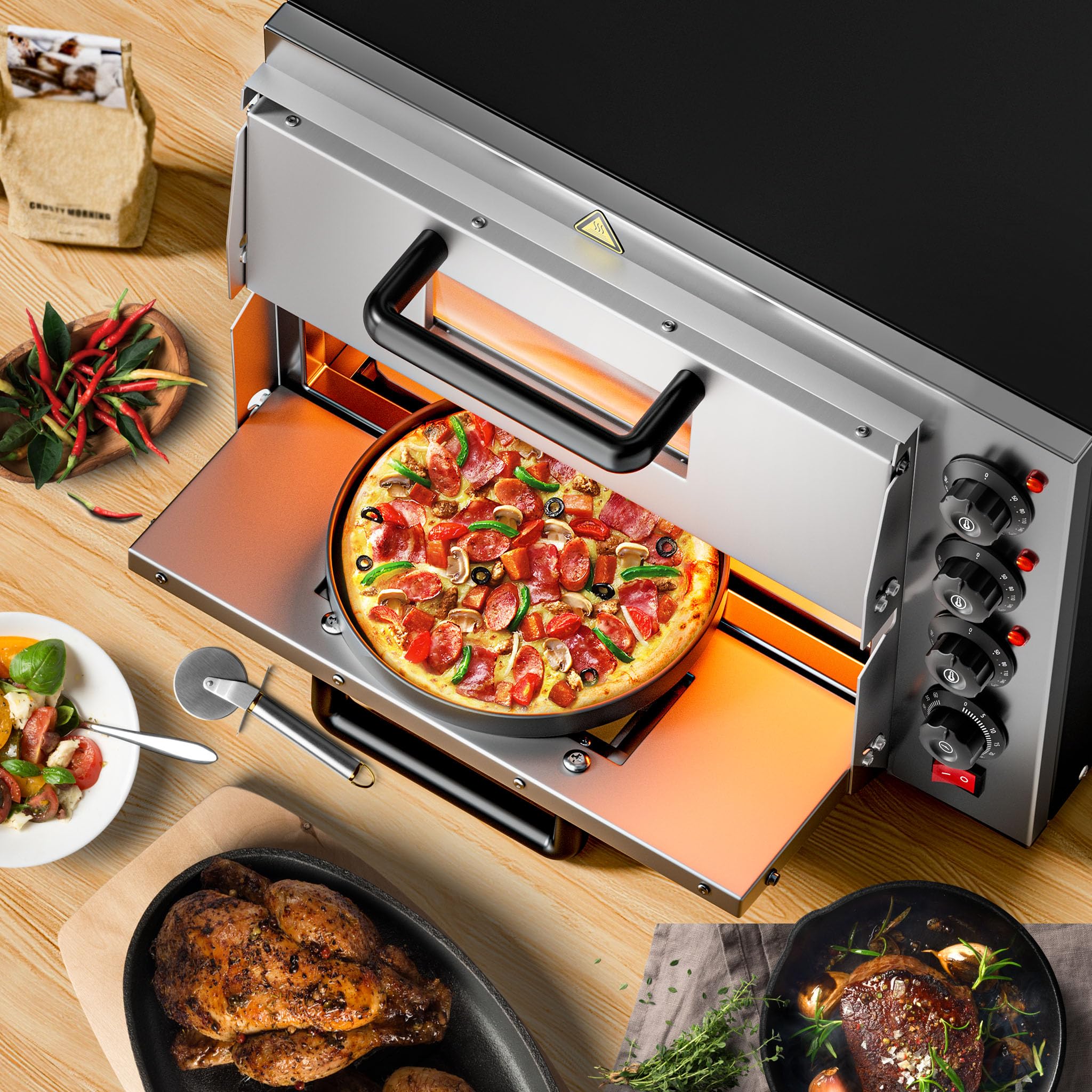 Wiltec Forno pizza elettrico a 2 livelli, con pietra refrattaria in cordierite, 3000W, 350°C Fornetto pizza