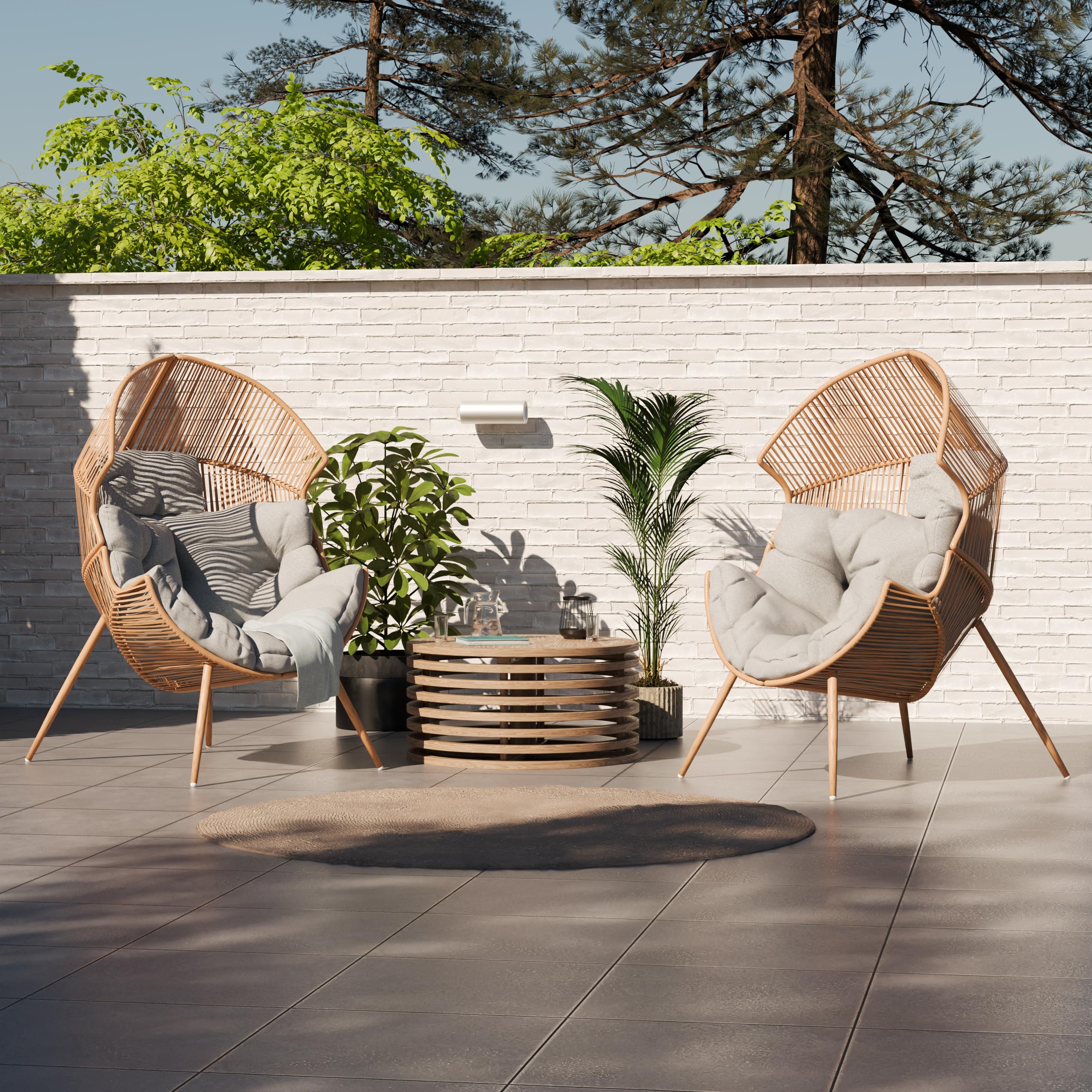 Summery, fotel rattanowy, odporny na warunki atmosferyczne, fotel ogrodowy z poduszką do siedzenia, fotel balkonowy, fotel wiklinowy na taras, poduszka odporna na działanie wody, szara, wyściełana
