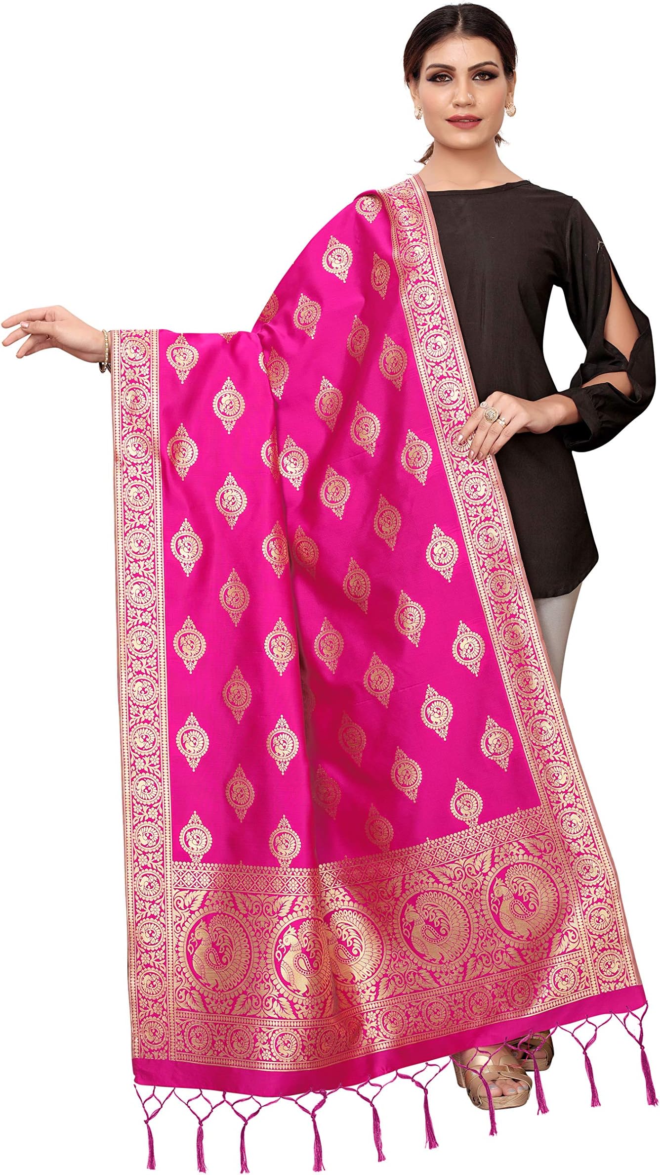 Jaanvi fashion Women's Bandhani Floral Woven Silk Dupatta With Zari Work