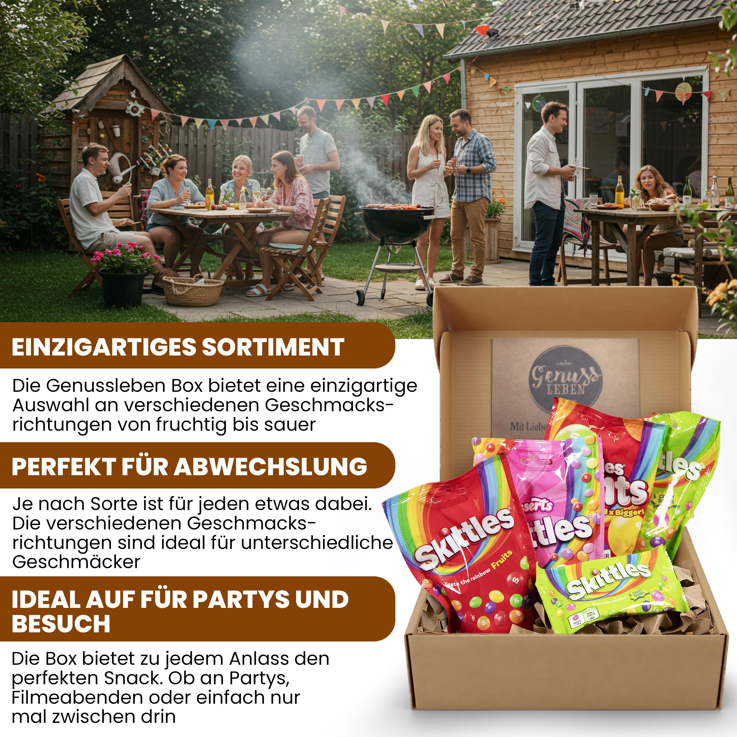 Genussleben Box mit 600g Skittles zum Naschen und Teilen für Familie, Freunde und Genießer. Kaubonbons Dragees als Geschenk oder Süße Auszeit