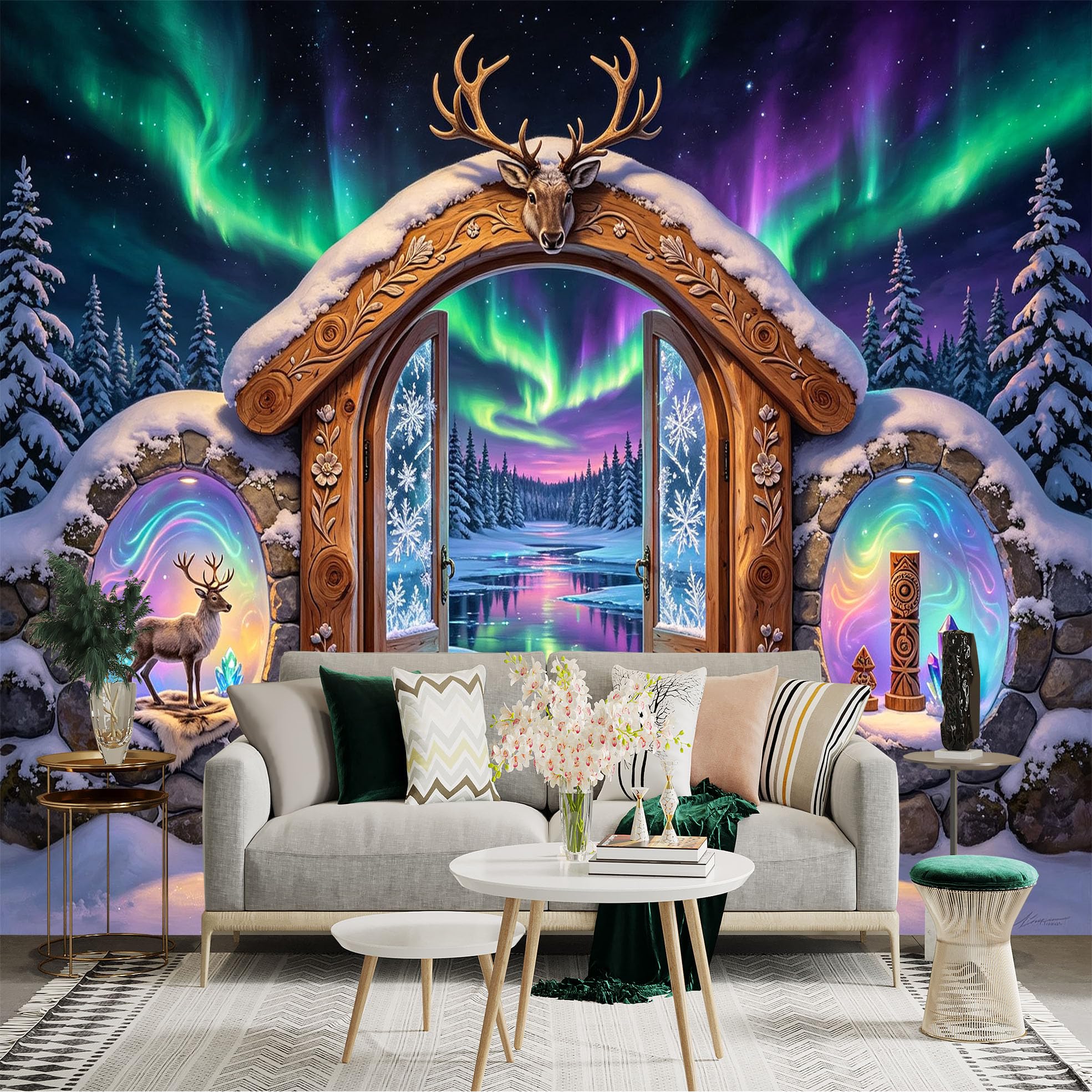 Custom Size Wall Sticker Mural， Aurora Winter Forest with Deer and Frozen Lake， for wall Decoration， peelandstick wall Decals.